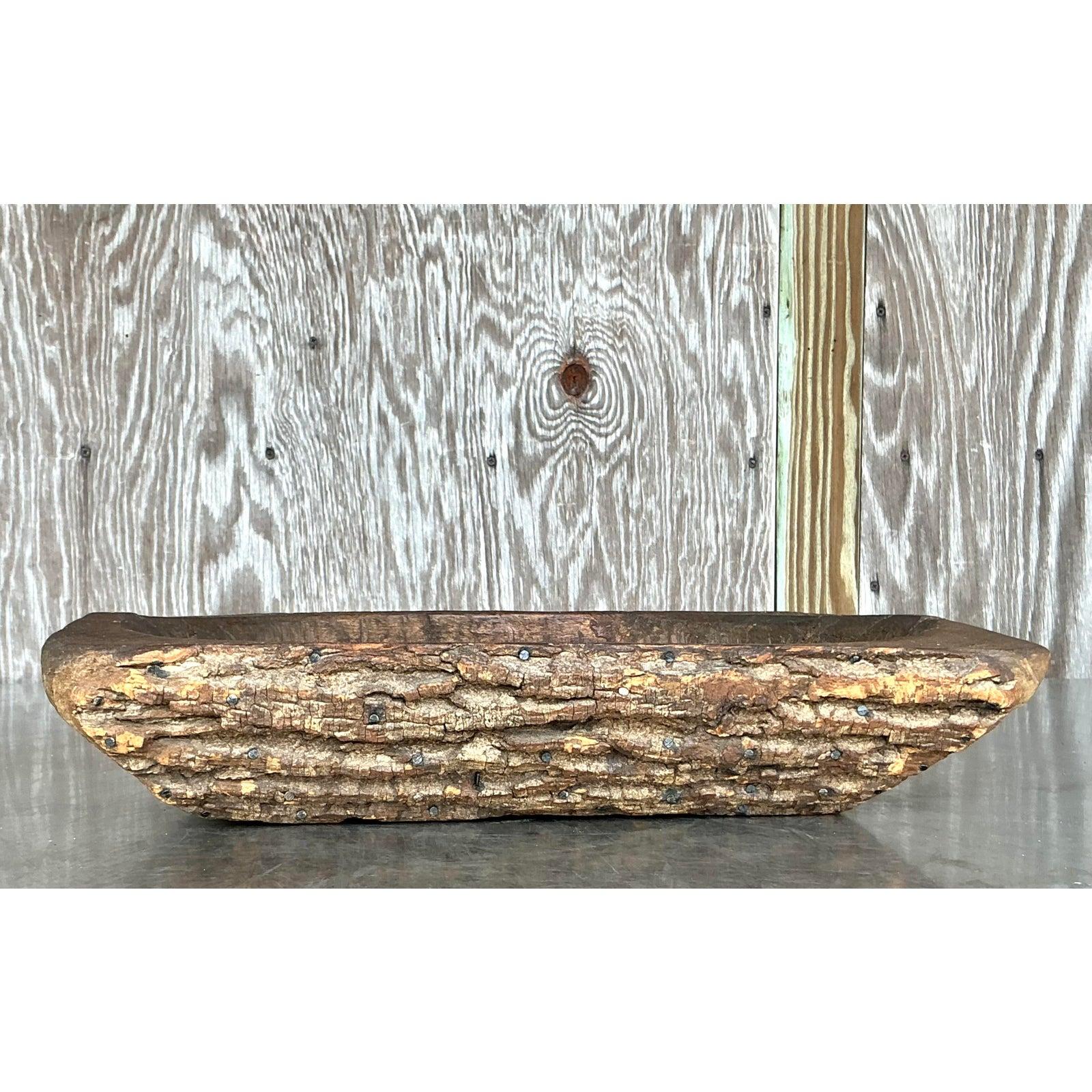 Vintage Boho Bark Covered Dough Bowl For Sale 3
