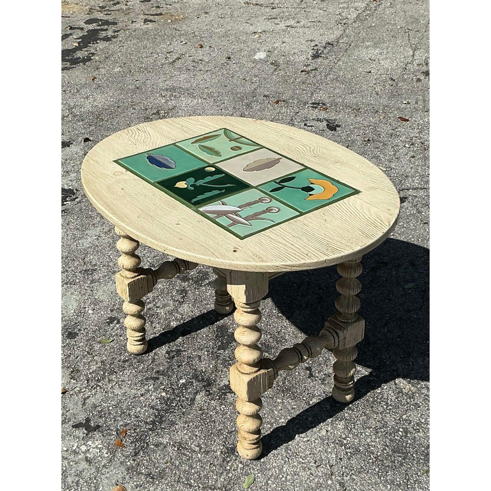Vintage Boho Barley Twist Table With Inset Tile Top For Sale 5