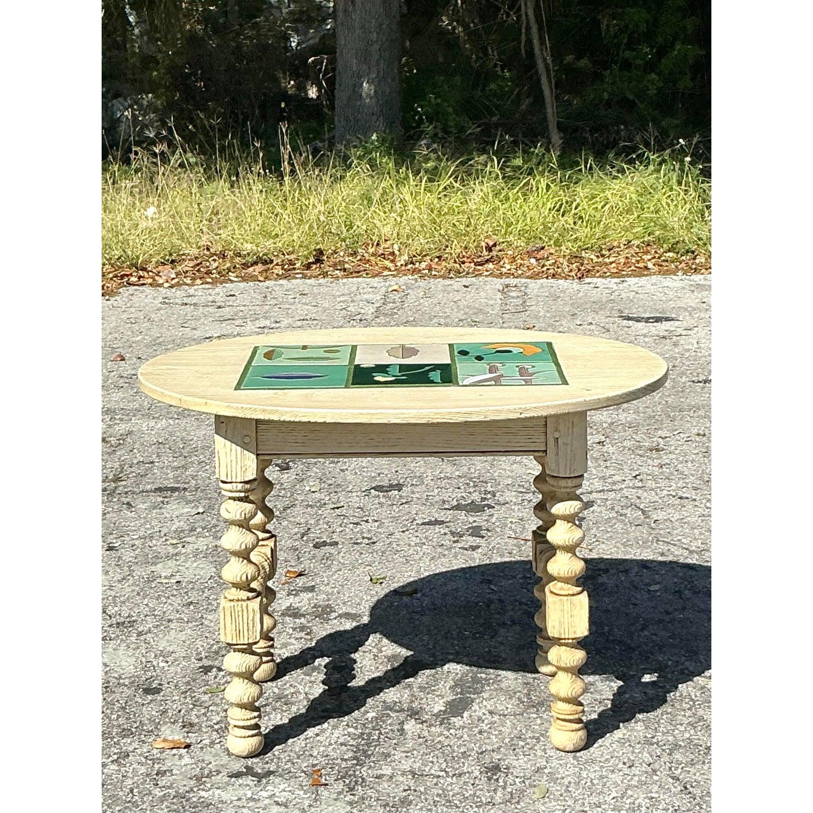 Vintage Boho Barley Twist Table With Inset Tile Top For Sale 6