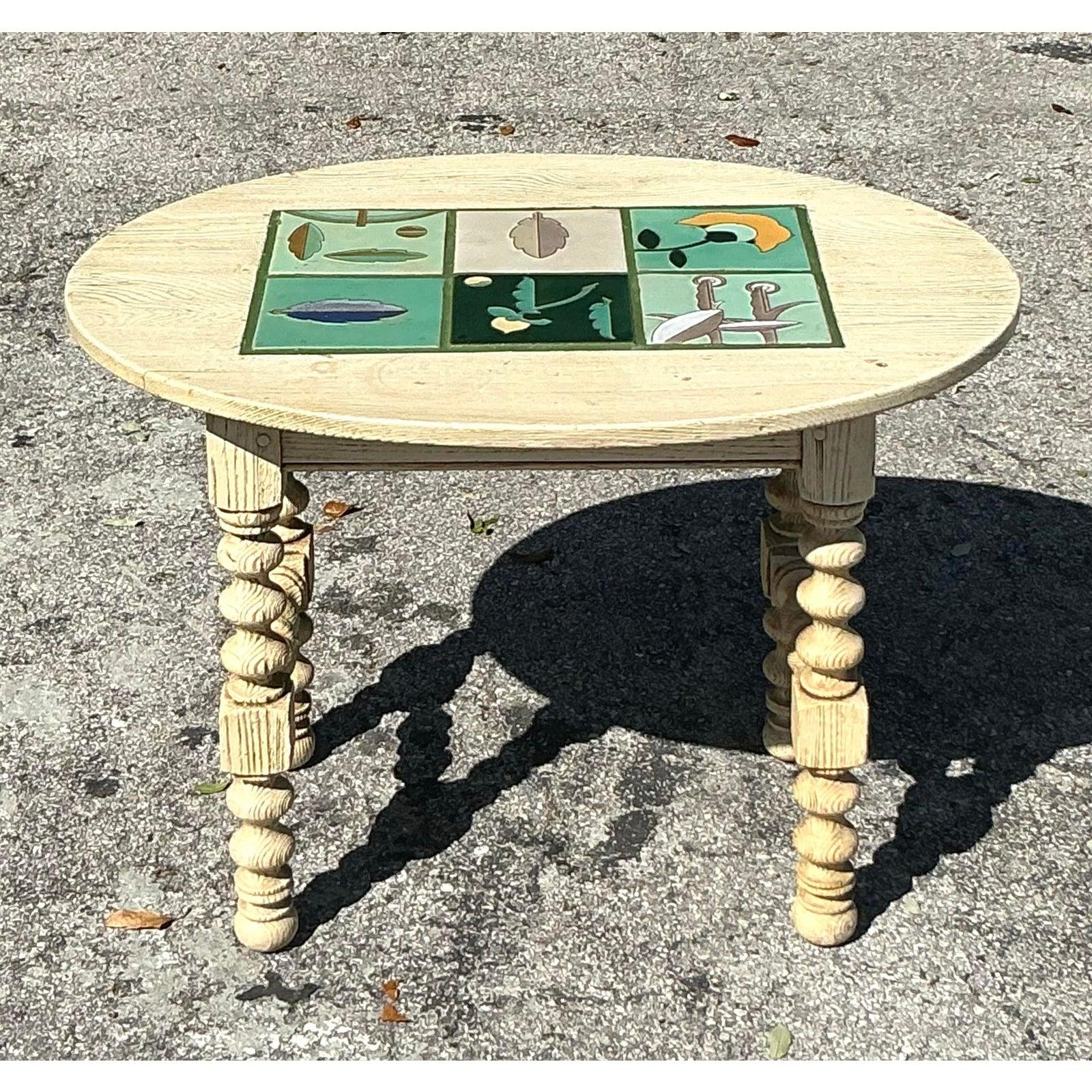 American Vintage Boho Barley Twist Table With Inset Tile Top For Sale