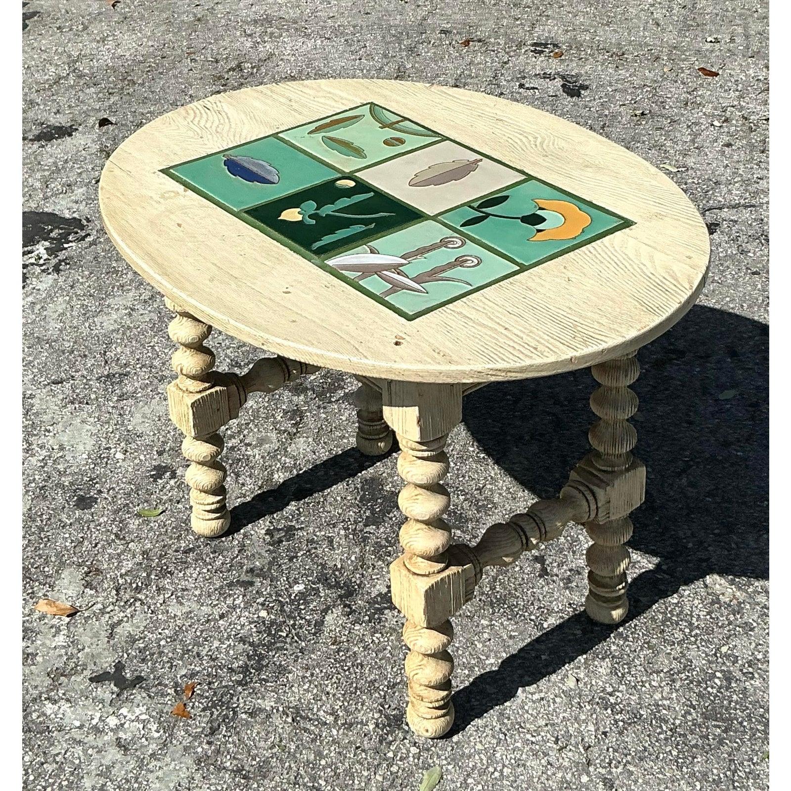 Vintage Boho Barley Twist Table With Inset Tile Top In Good Condition For Sale In west palm beach, FL