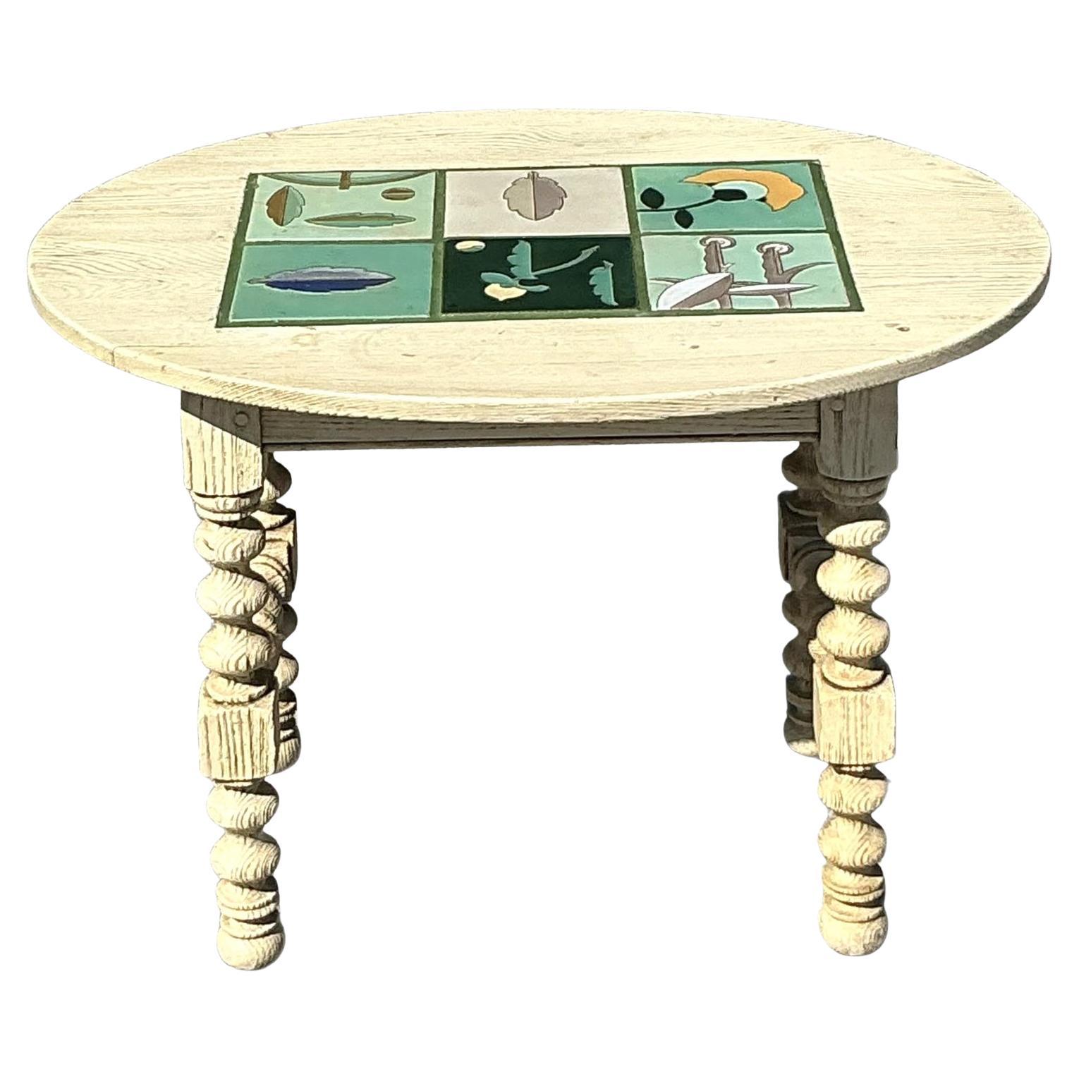 Vintage Boho Barley Twist Table With Inset Tile Top