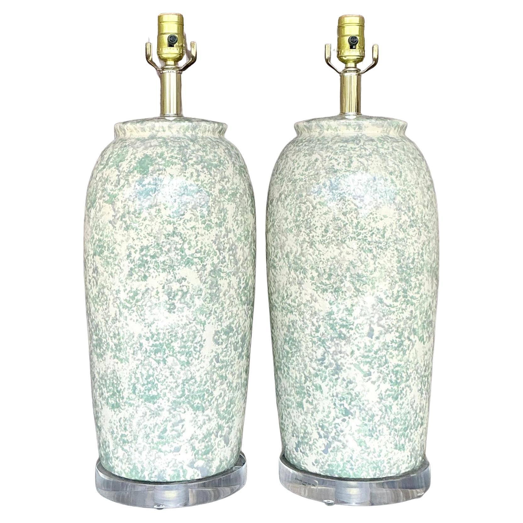 Vintage Boho Bauer Glazed Ceramic Lamps - a Pair
