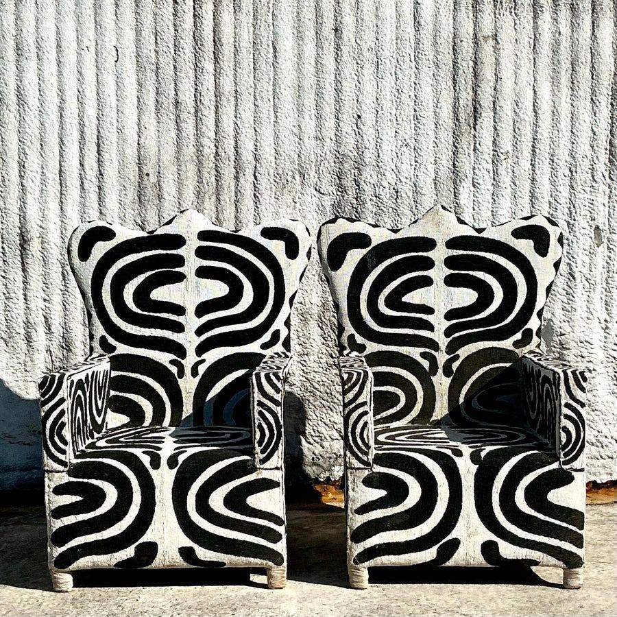 Central African Vintage Boho Beaded Lounge Chairs - a Pair For Sale