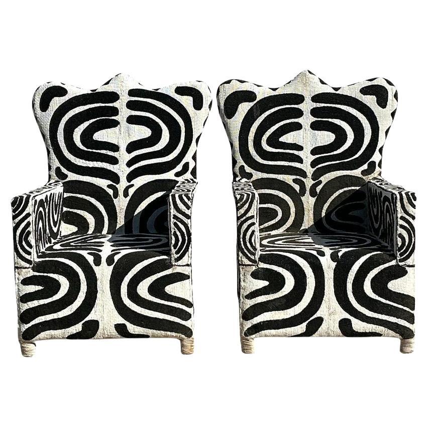 Vintage Boho Beaded Lounge Chairs - a Pair
