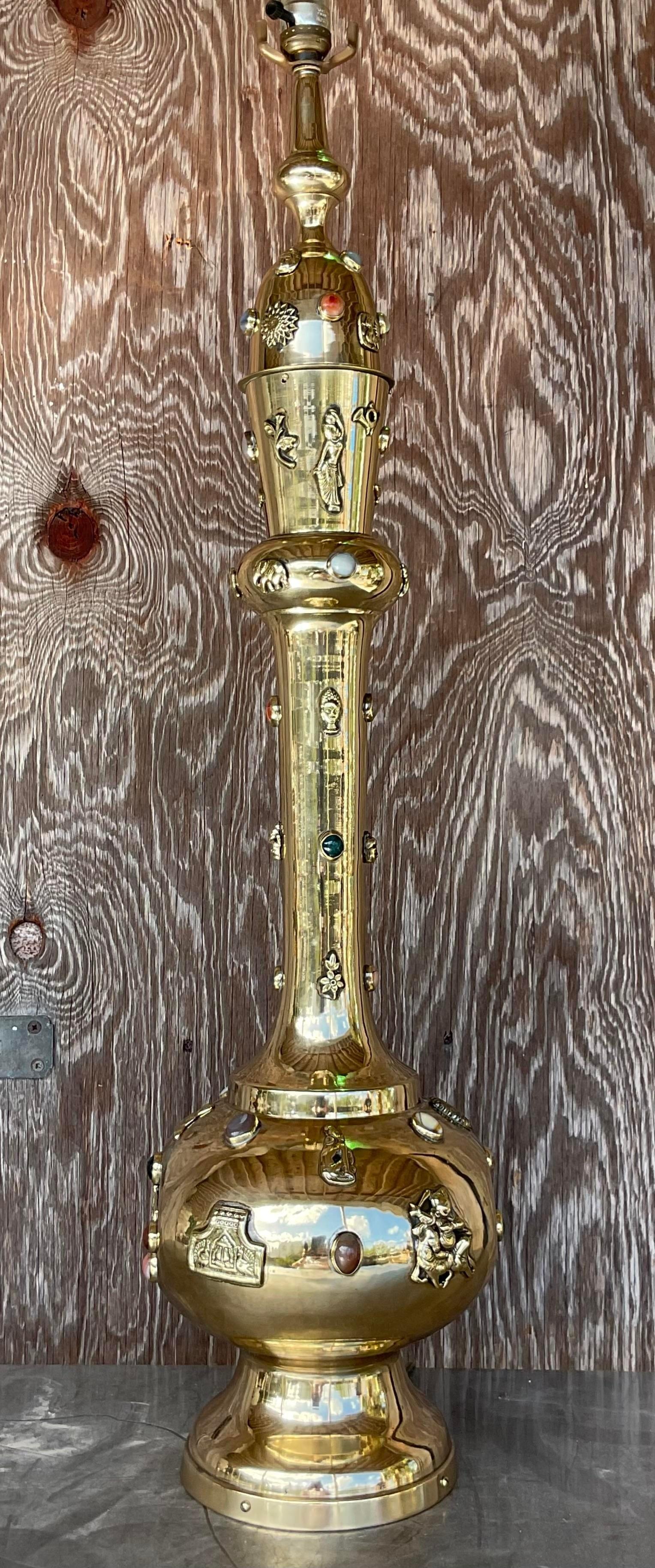 Vintage Boho Bejeweled Brass Table Lamp For Sale 5