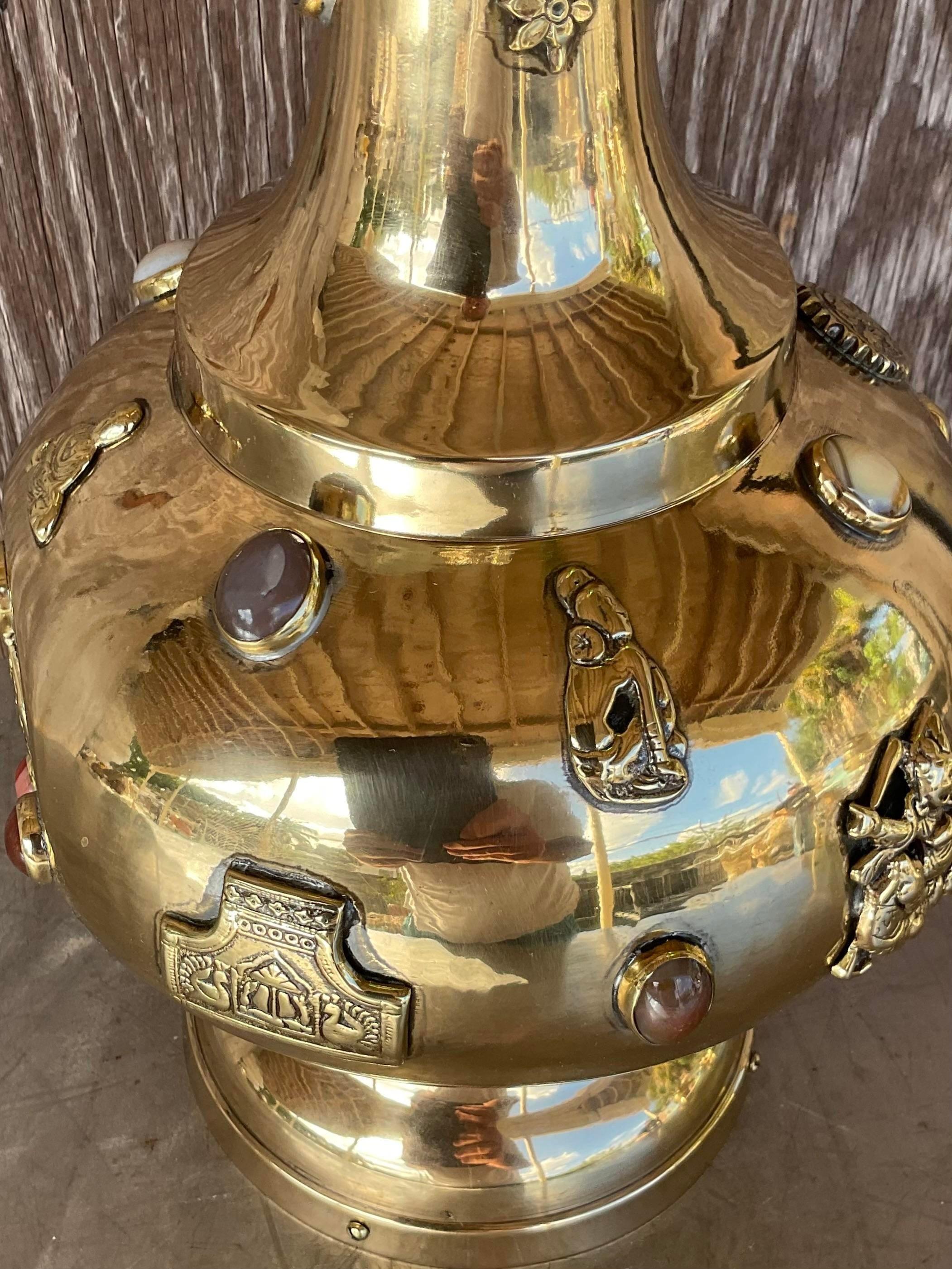 Vintage Boho Bejeweled Brass Table Lamp For Sale 6