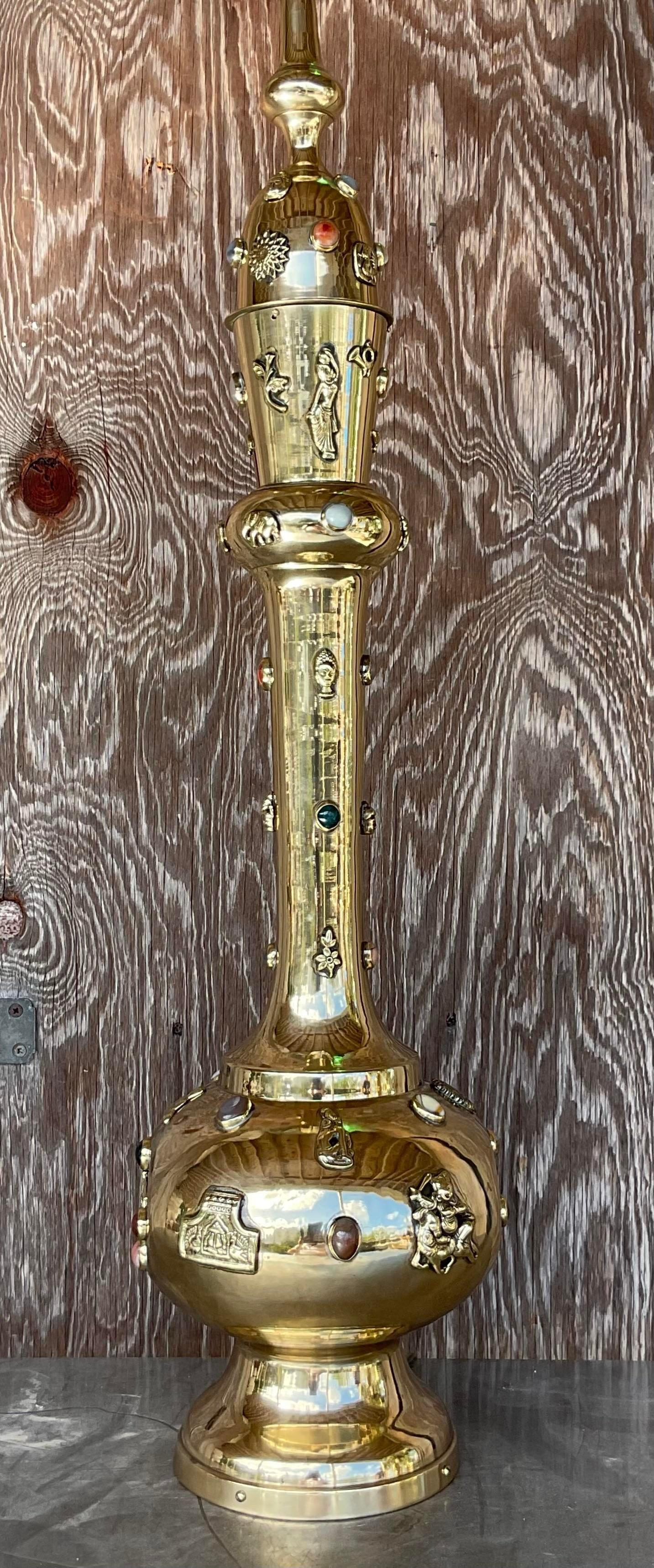 Vintage Boho Bejeweled Brass Table Lamp In Good Condition For Sale In west palm beach, FL