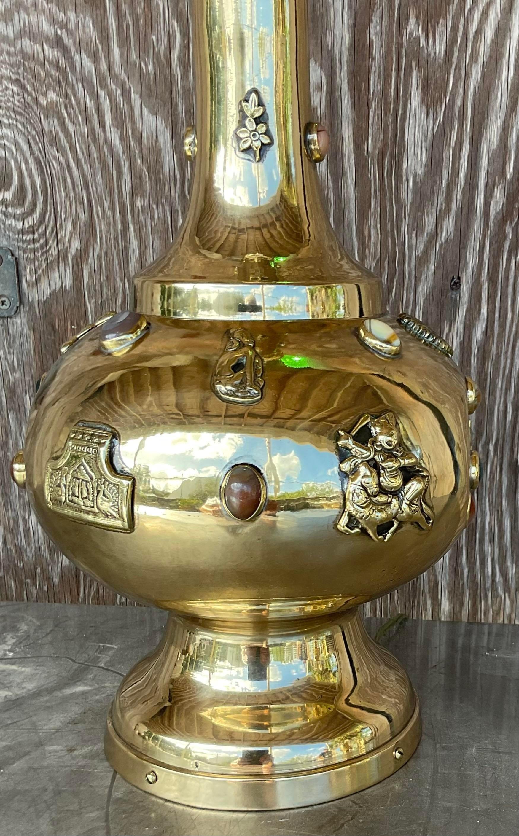 20th Century Vintage Boho Bejeweled Brass Table Lamp For Sale