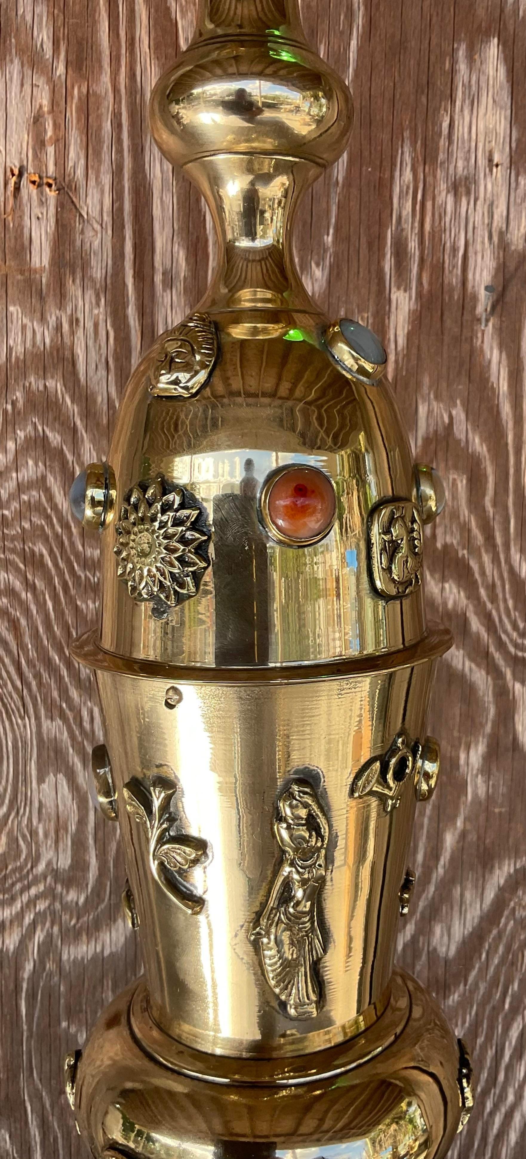 Metal Vintage Boho Bejeweled Brass Table Lamp For Sale