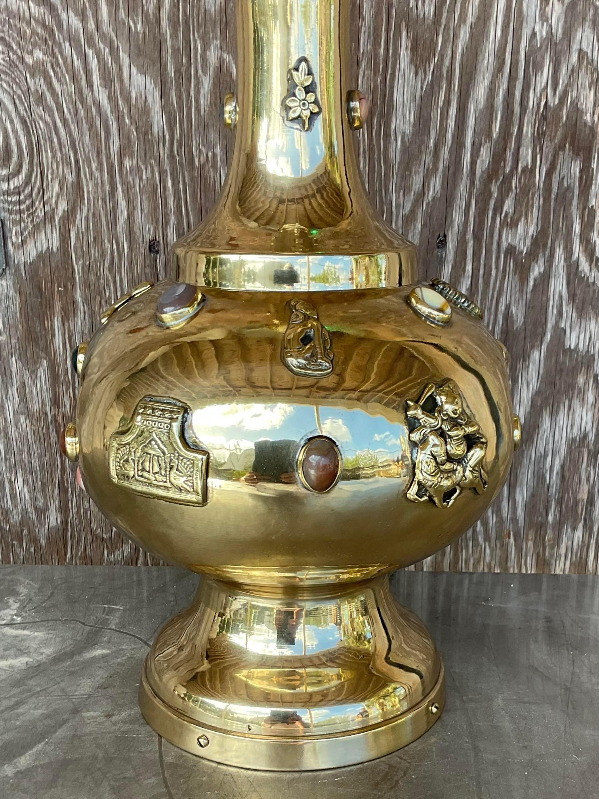 Vintage Boho Bejeweled Brass Table Lamp For Sale 2