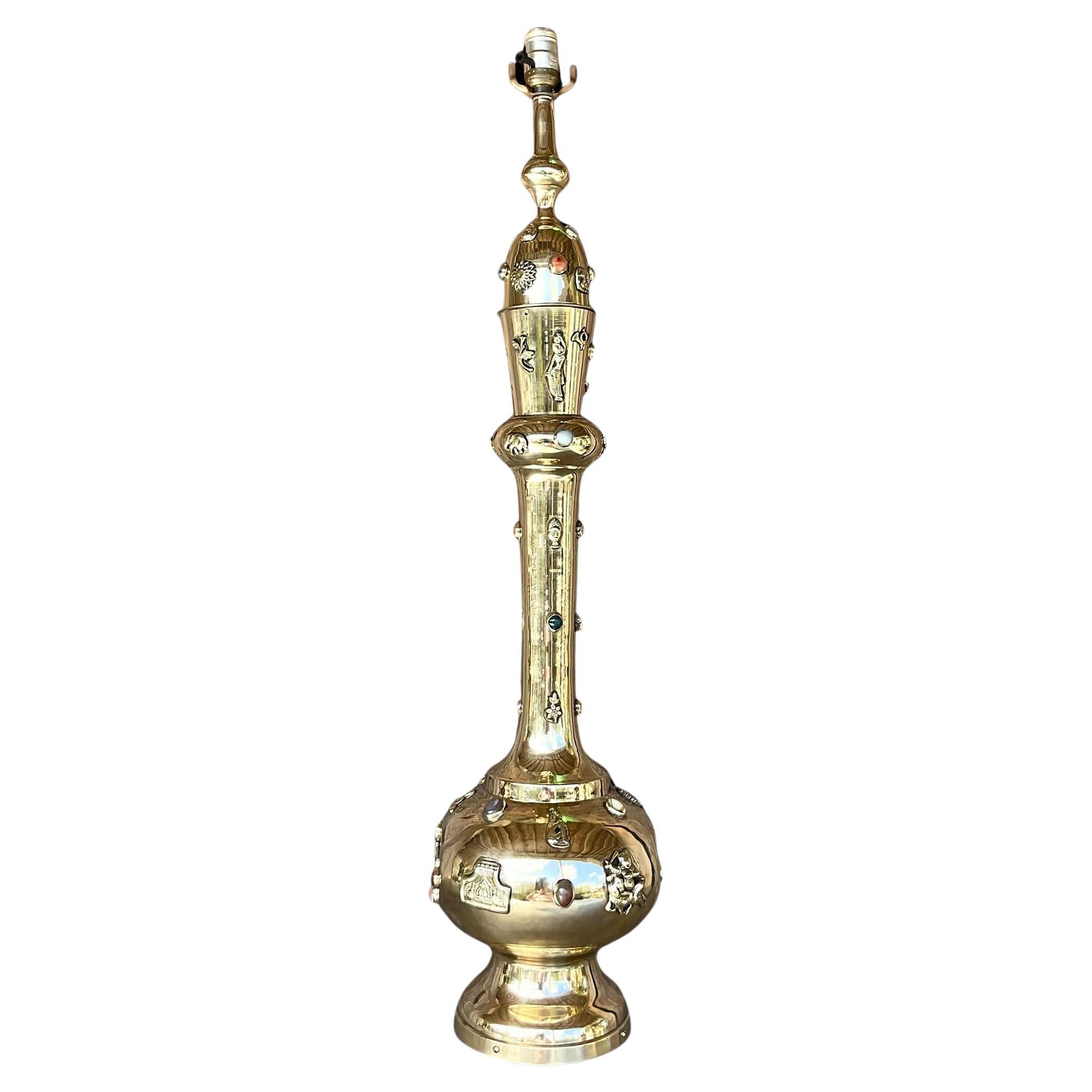 Vintage Boho Bejeweled Brass Table Lamp For Sale