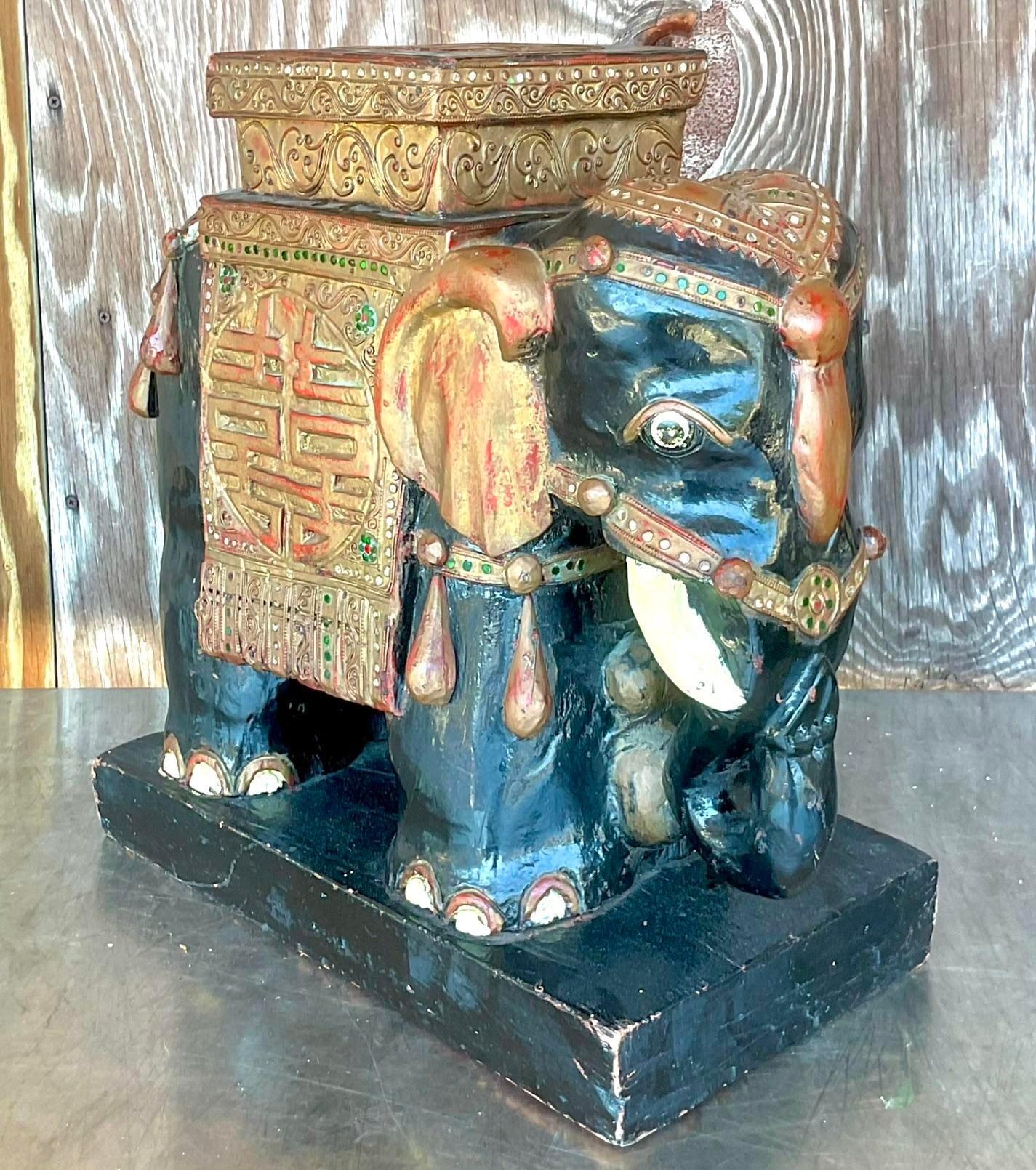 Vintage Boho Bejeweled Wooden Elephant Stool For Sale 5