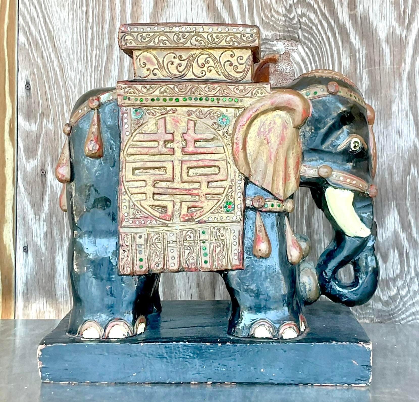20th Century Vintage Boho Bejeweled Wooden Elephant Stool For Sale