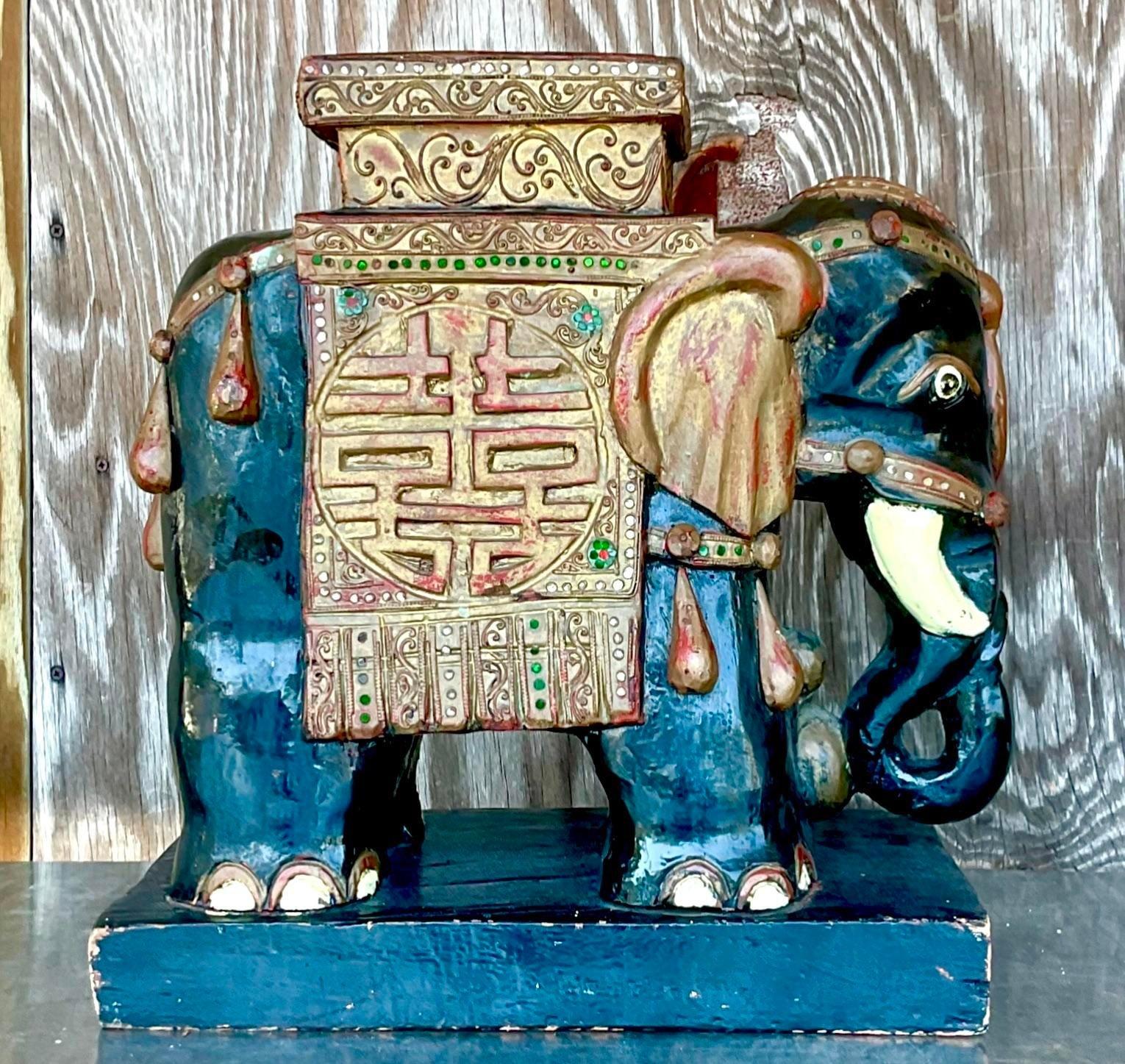 Vintage Boho Bejeweled Wooden Elephant Stool For Sale 1