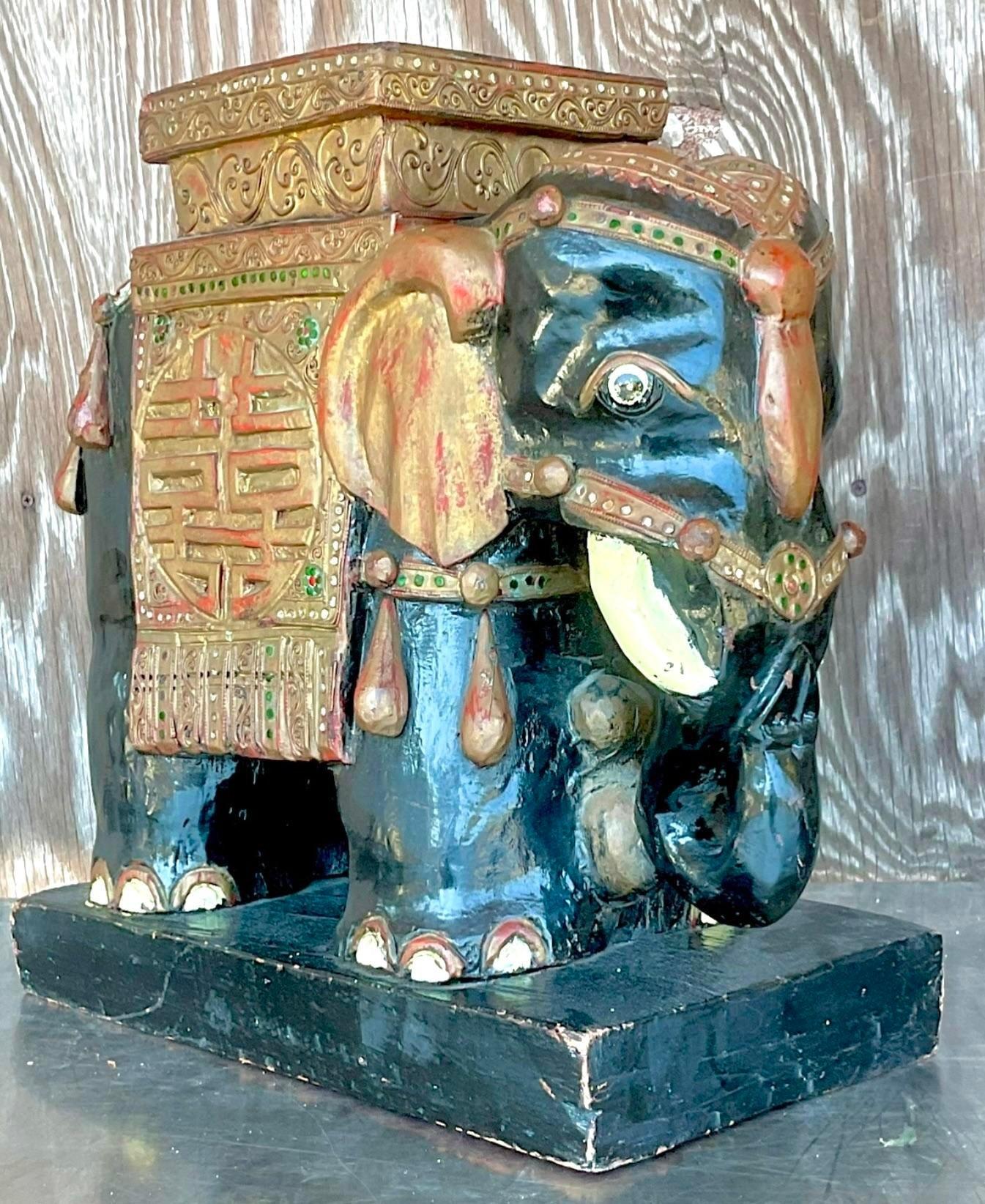 Vintage Boho Bejeweled Wooden Elephant Stool For Sale 3