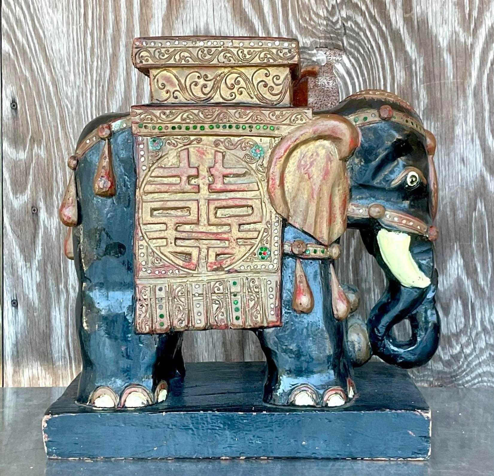 Vintage Boho Bejeweled Wooden Elephant Stool For Sale 4