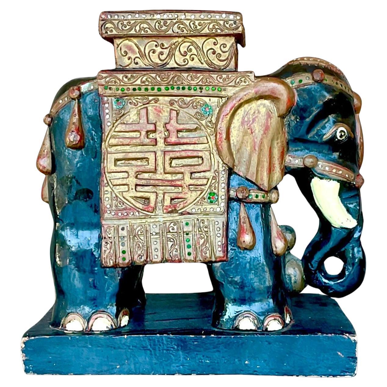 Vintage Boho Bejeweled Wooden Elephant Stool For Sale