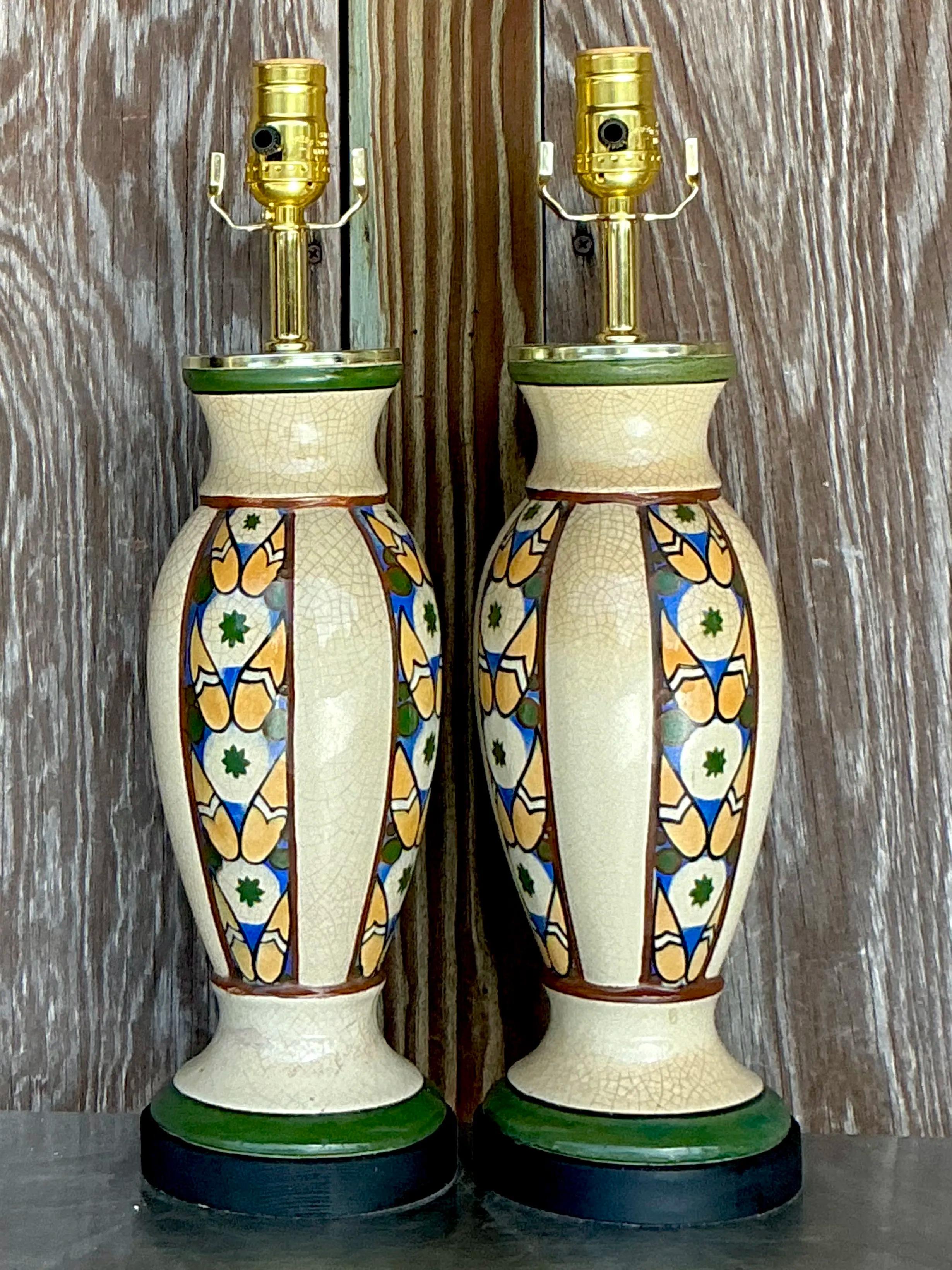 Art déco Paire de lampes à vase en céramique vintage Boho Belgique Deco en vente