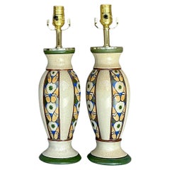 Antique Boho Belgium Deco Ceramic Vase Lamps- a Pair