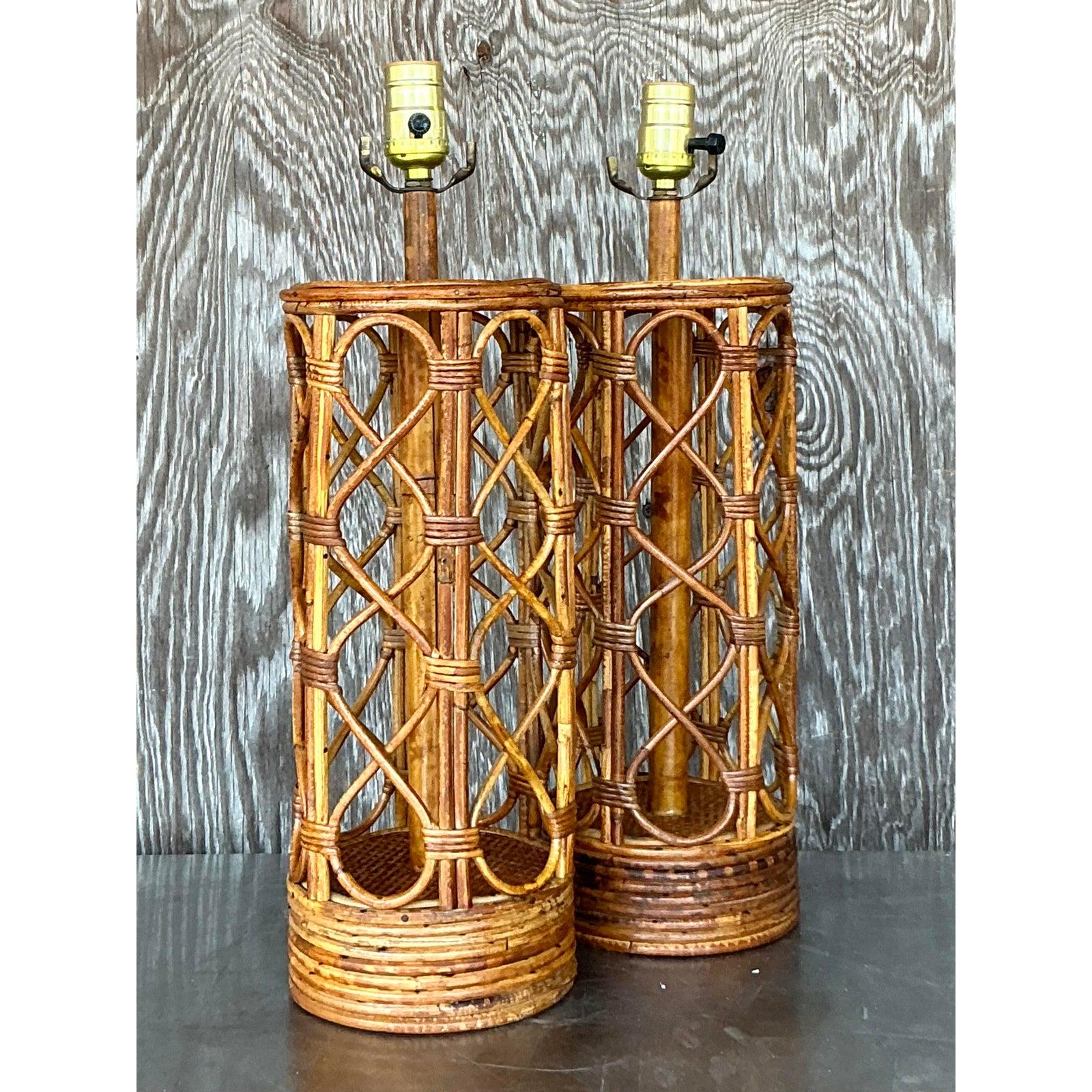 Lámparas de mesa vintage boho de bambú curvado - Pareja Bambú en venta