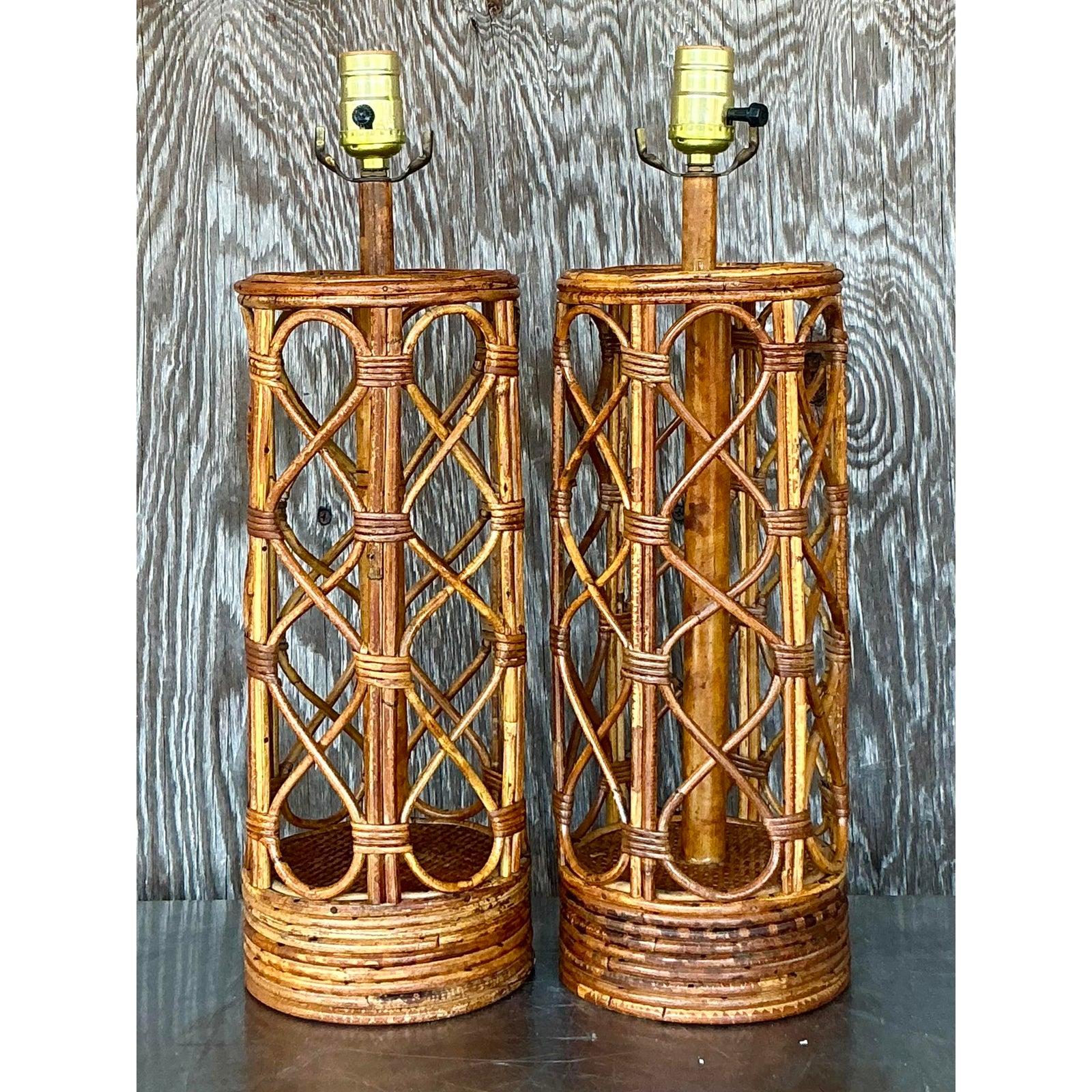 Lámparas de mesa vintage boho de bambú curvado - Pareja en venta 1