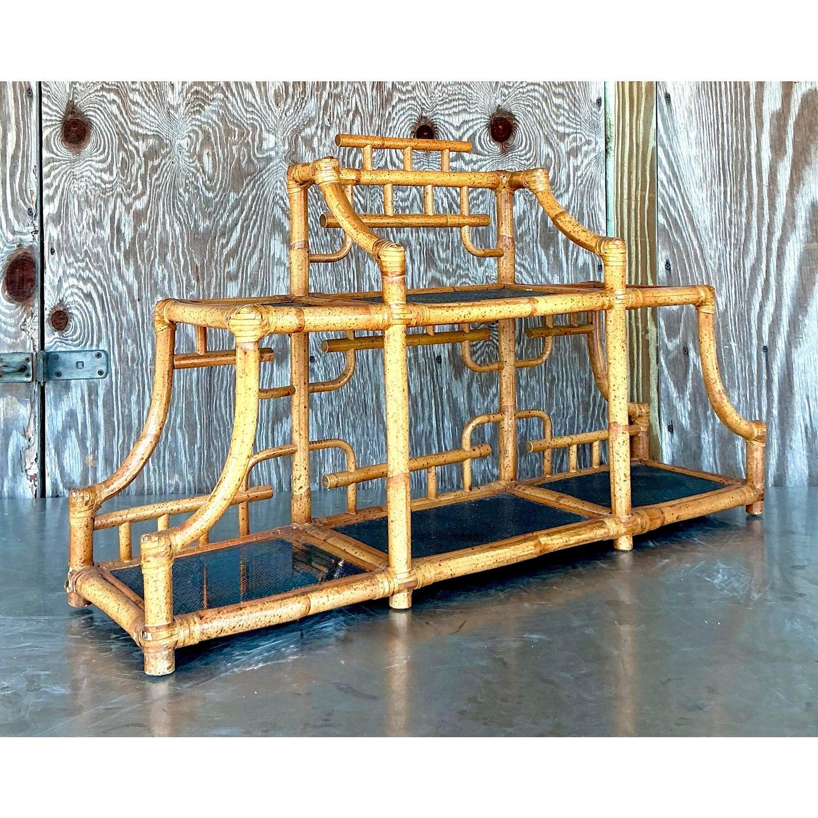 Philippine Vintage Boho Bent Bamboo Table Top Etagere For Sale
