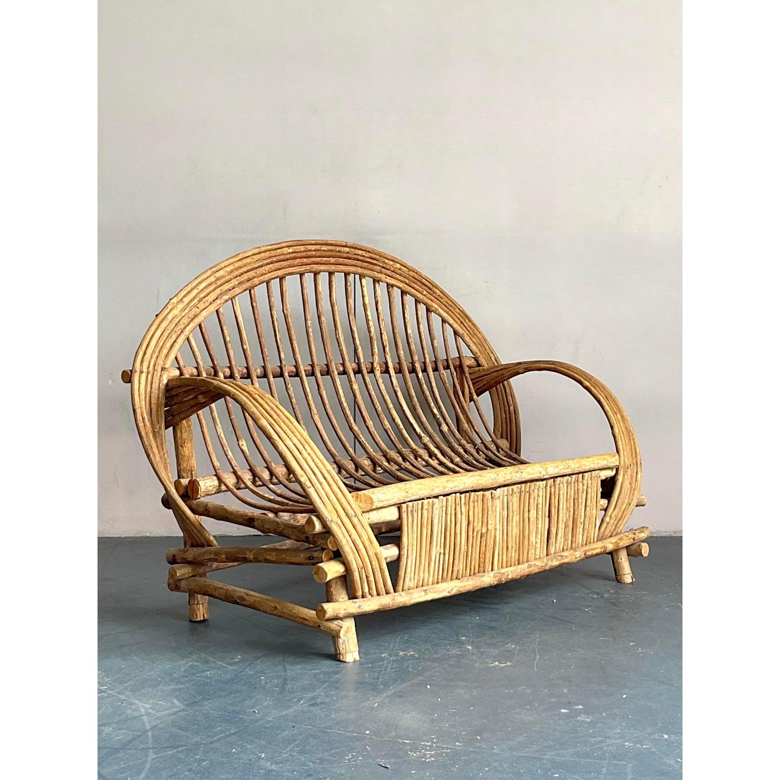 Fabric Vintage Boho Bent Branch Adirondack Sofa For Sale