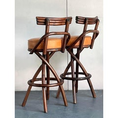 Vintage Boho Bent Rattan Bar Stools - A Pair