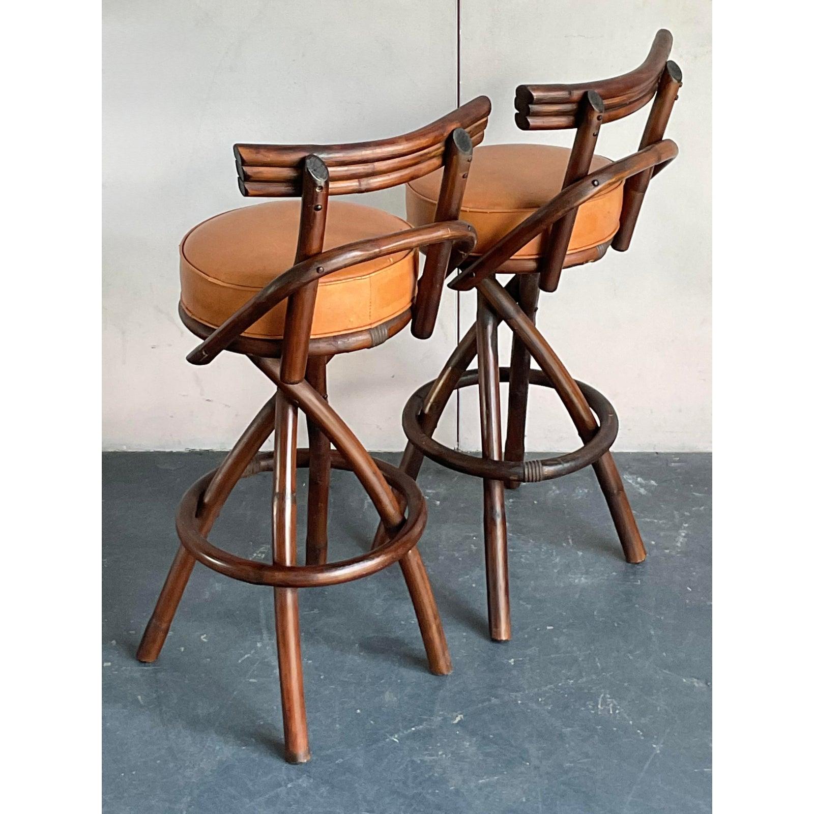 Space Age Vintage Boho Bent Rattan Bar Stools - A Pair For Sale