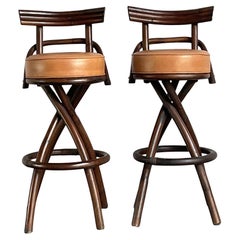 Paire de tabourets de bar vintage en rotin courbé Boho