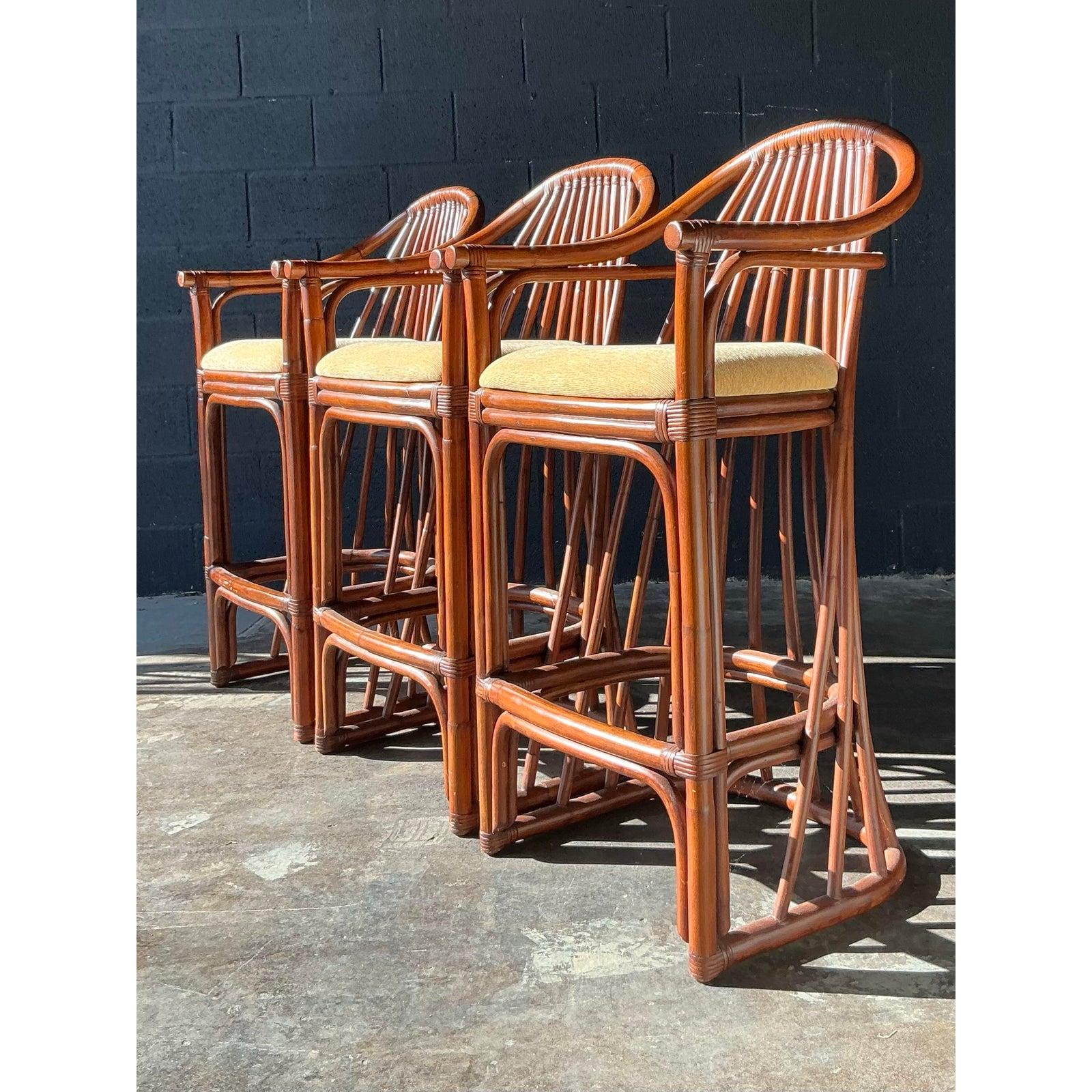 Philippine Vintage Boho Bent Rattan Bar Stools - Set of 3 For Sale