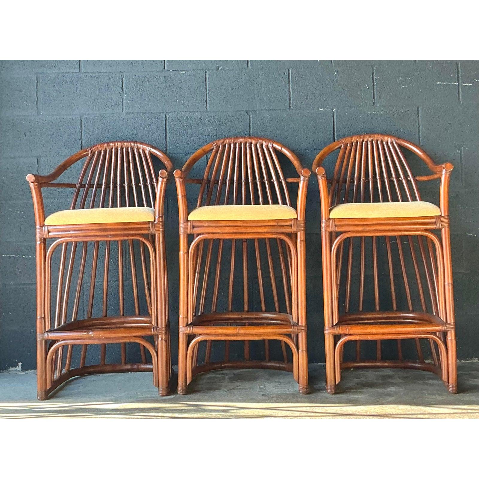 Vintage Boho Bent Rattan Bar Stools - Set of 3 In Good Condition For Sale In West Palm Beach, FL