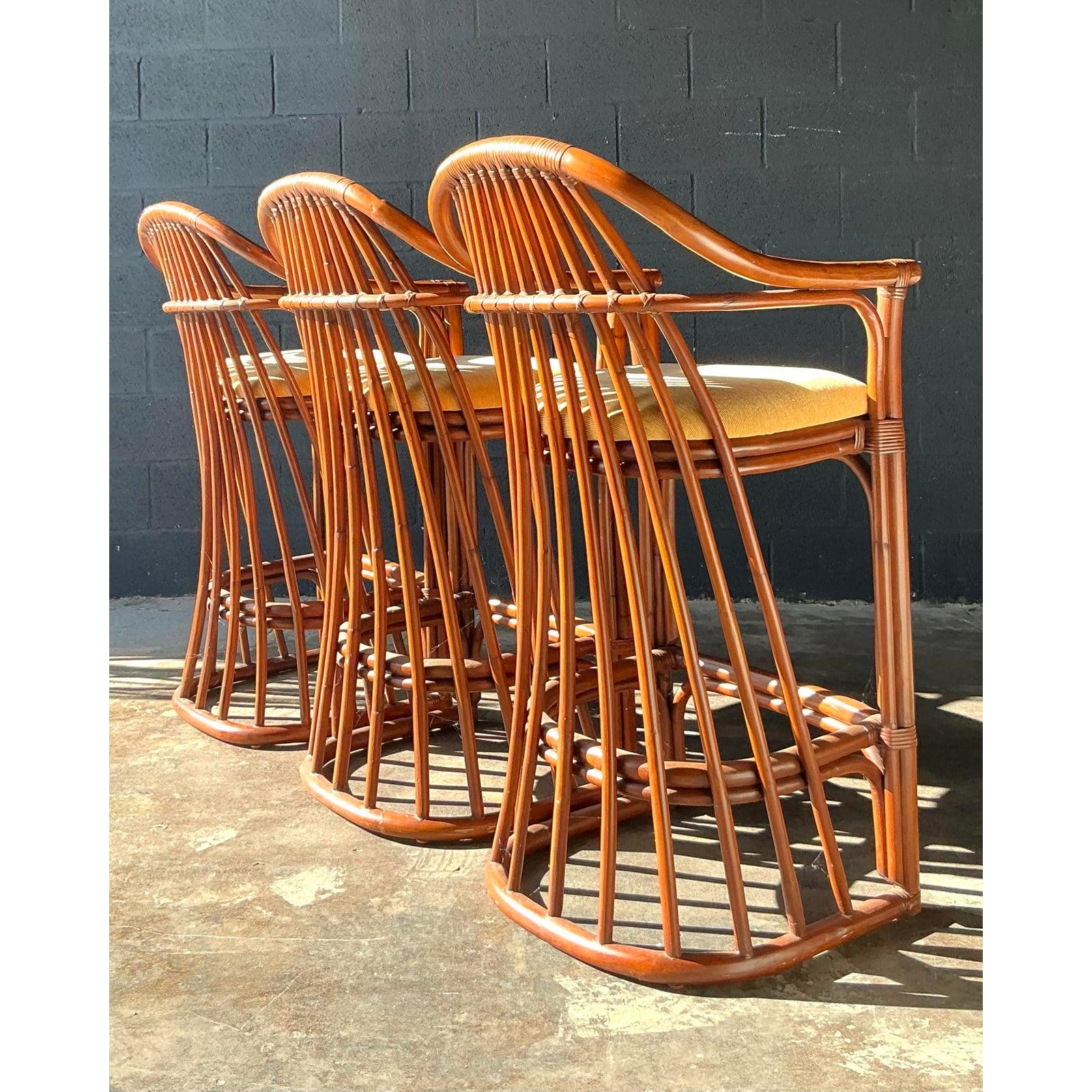 20th Century Vintage Boho Bent Rattan Bar Stools - Set of 3 For Sale