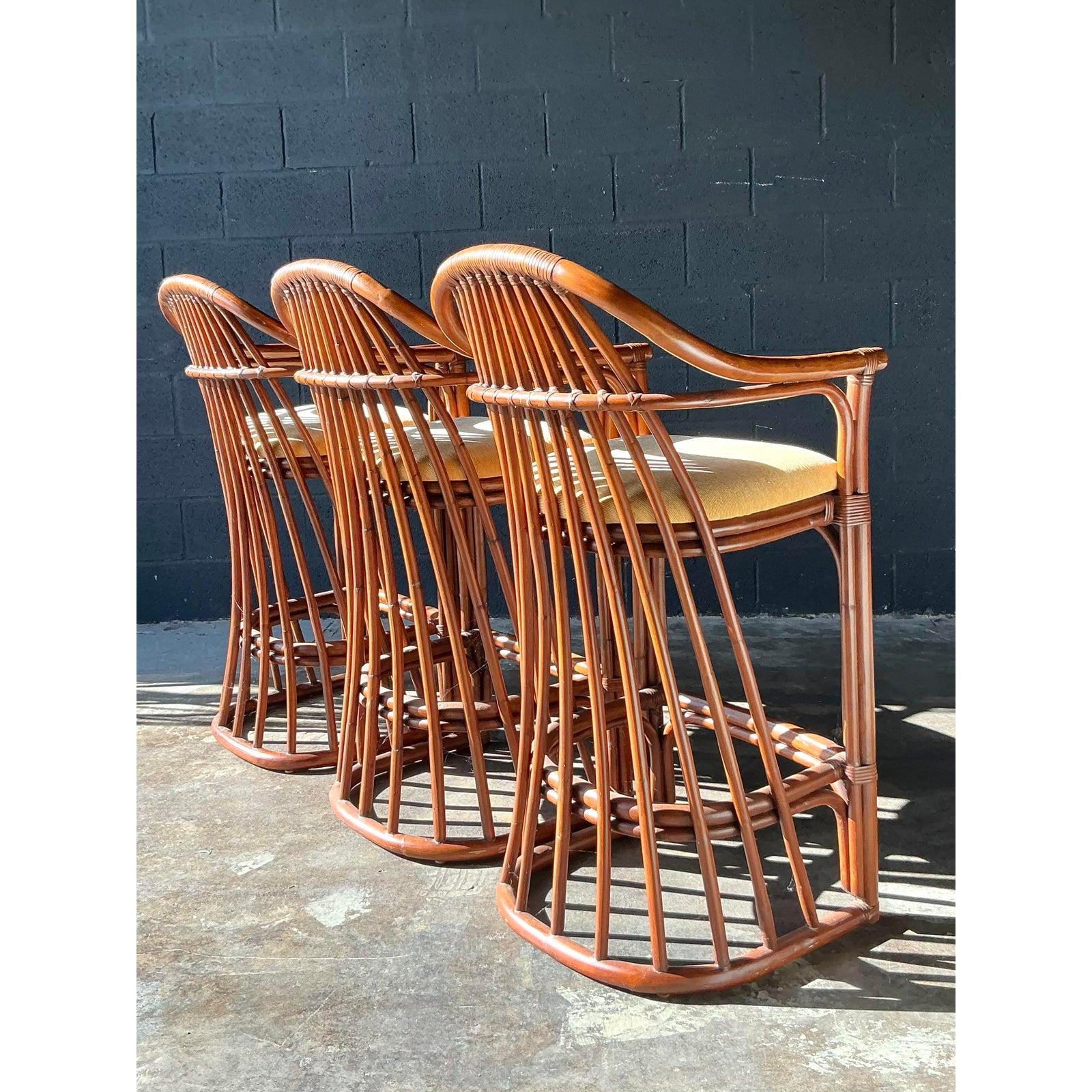 Bamboo Vintage Boho Bent Rattan Bar Stools - Set of 3 For Sale