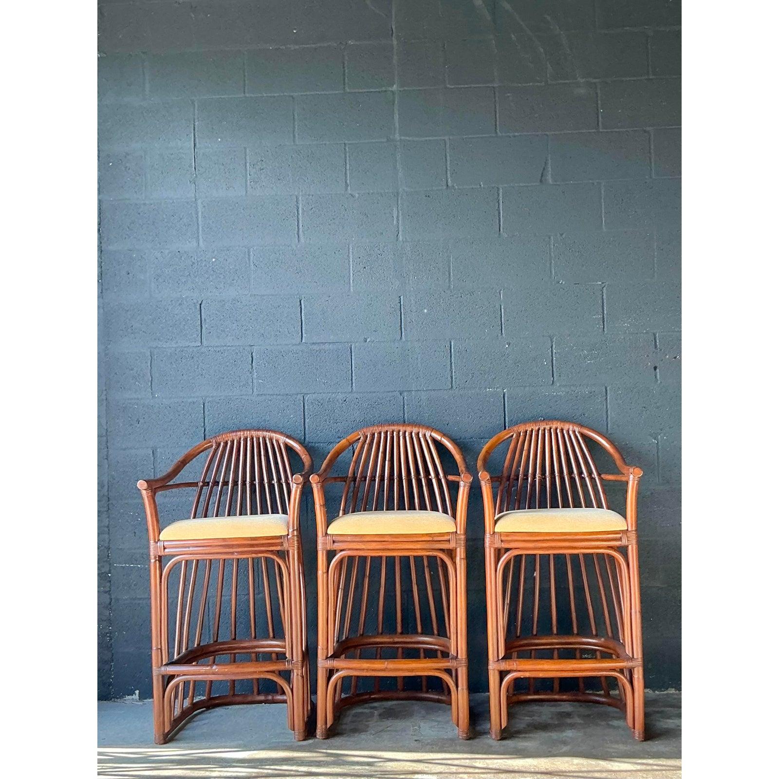 Vintage Boho Bent Rattan Bar Stools - Set of 3 For Sale 1