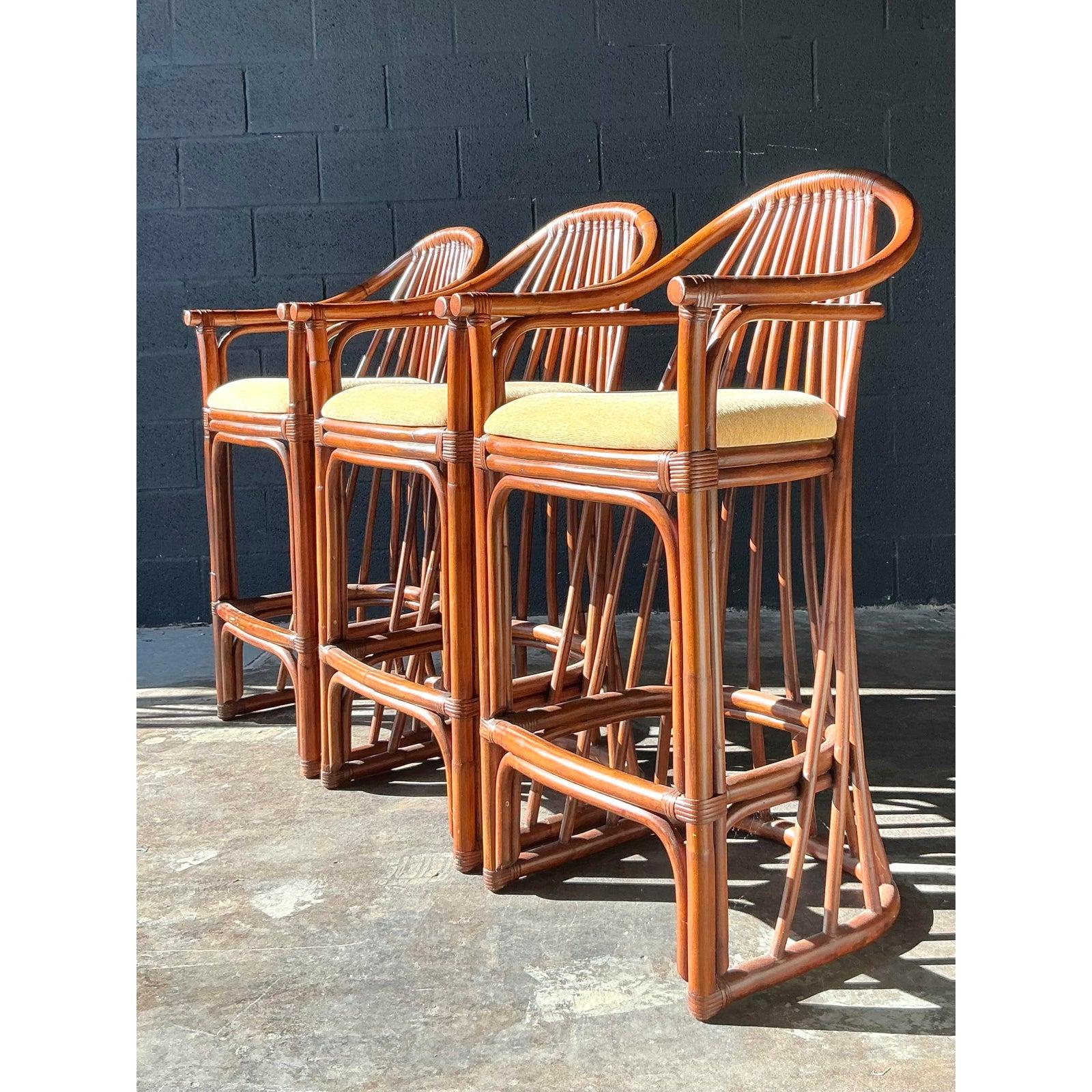 Vintage Boho Bent Rattan Bar Stools - Set of 3 For Sale 2