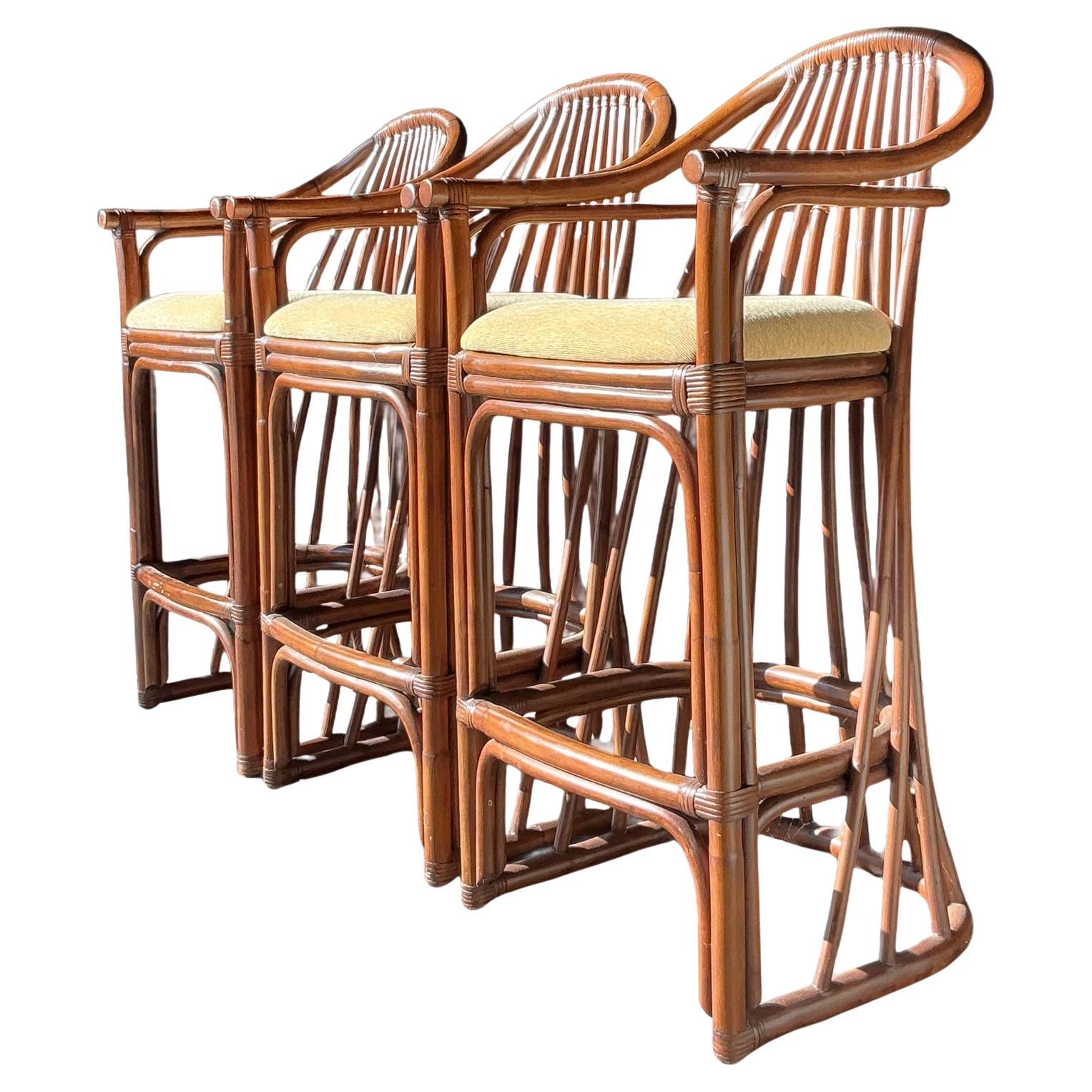 Vintage Boho Bent Rattan Bar Stools - Set of 3