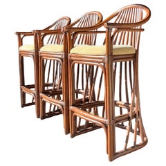 Vintage Boho Bent Rattan Bar Stools - Set of 3