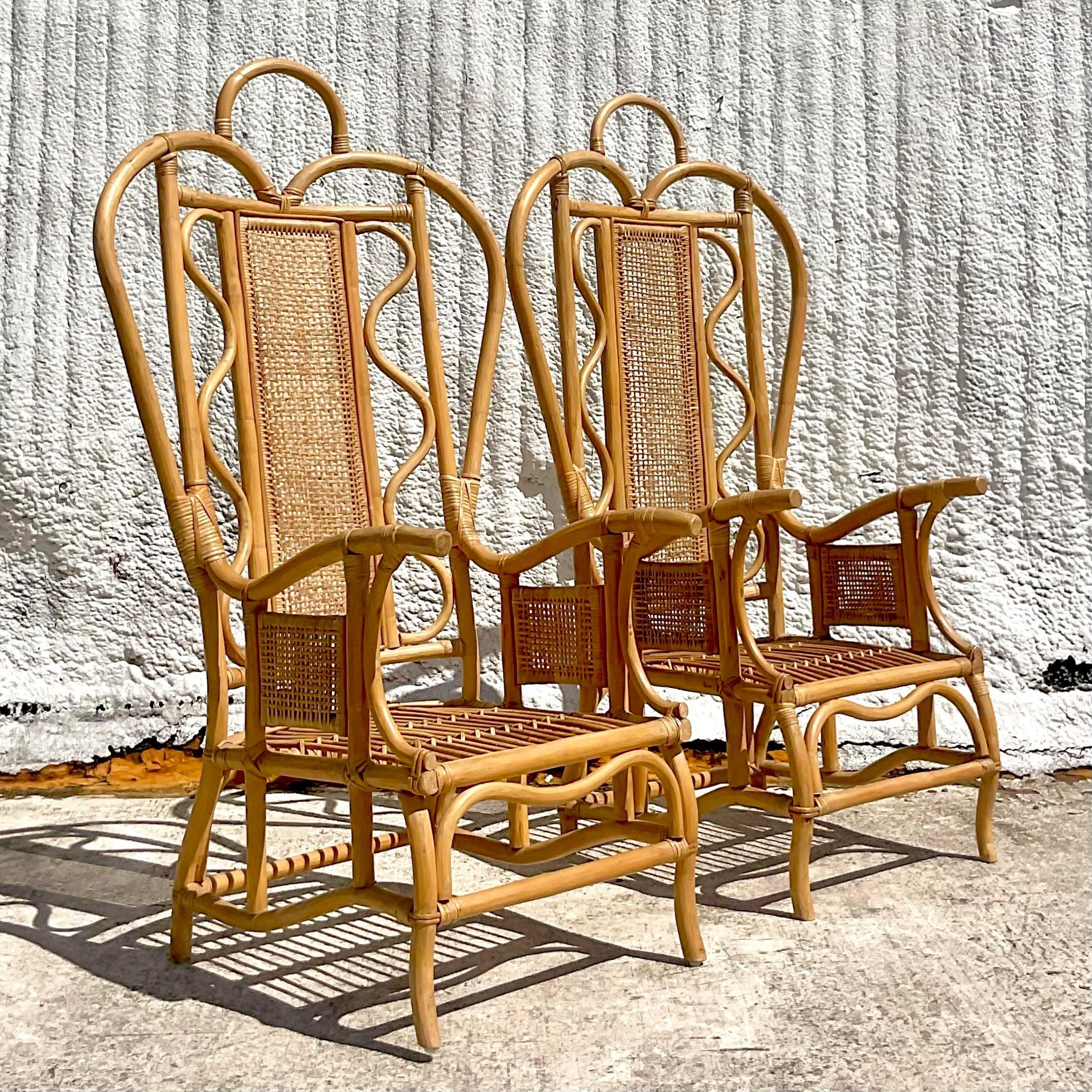 Philippine Vintage Boho Bent Rattan Ghandi Wingback Chairs - a Pair For Sale