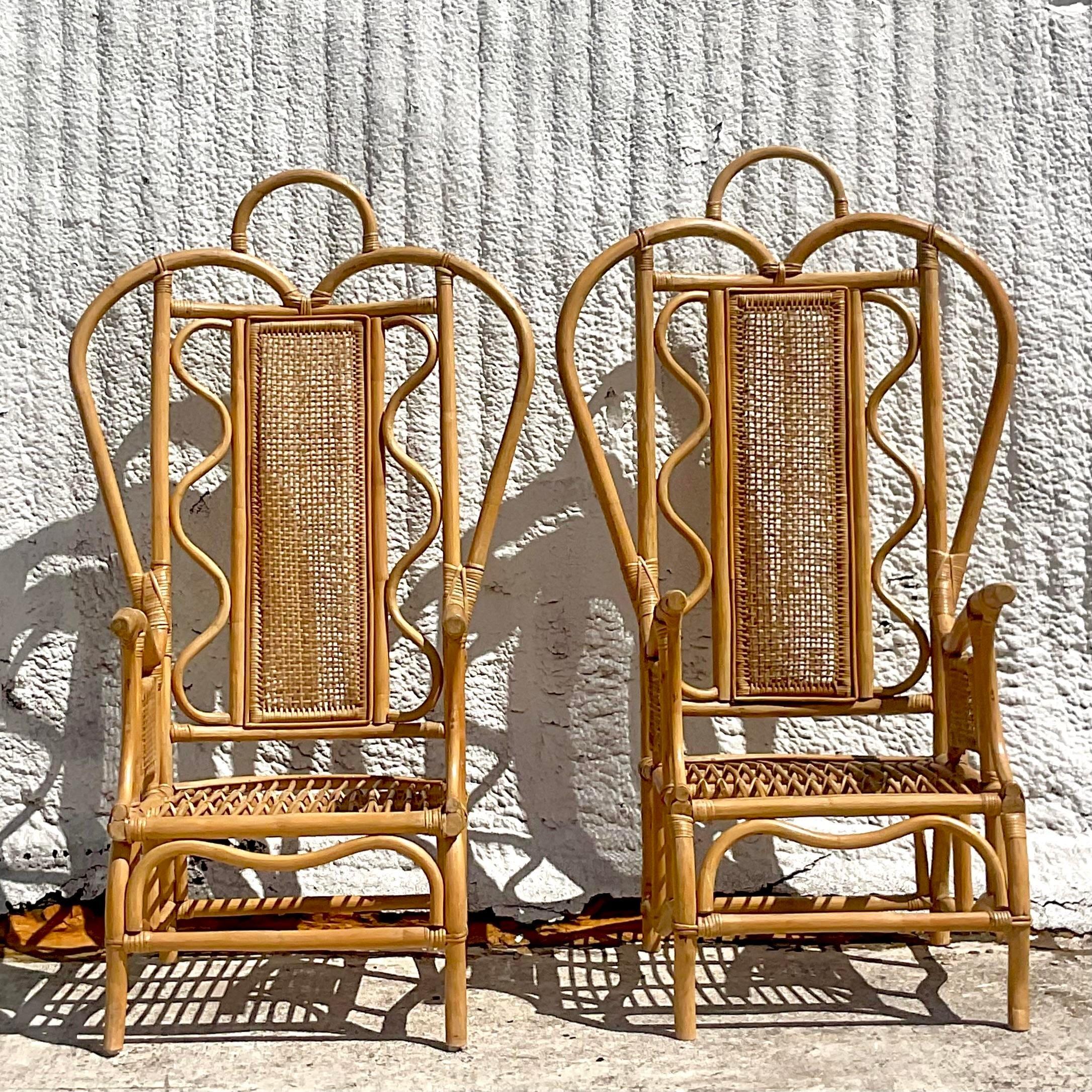 20th Century Vintage Boho Bent Rattan Ghandi Wingback Chairs - a Pair For Sale
