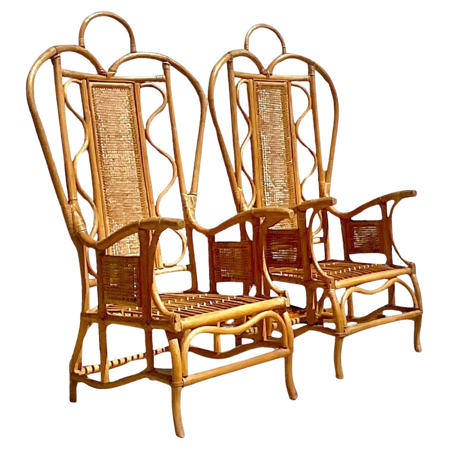 Vintage Boho Bent Rattan Ghandi Wingback Chairs - a Pair