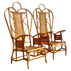 Retro Boho Bent Rattan Ghandi Wingback Chairs - a Pair