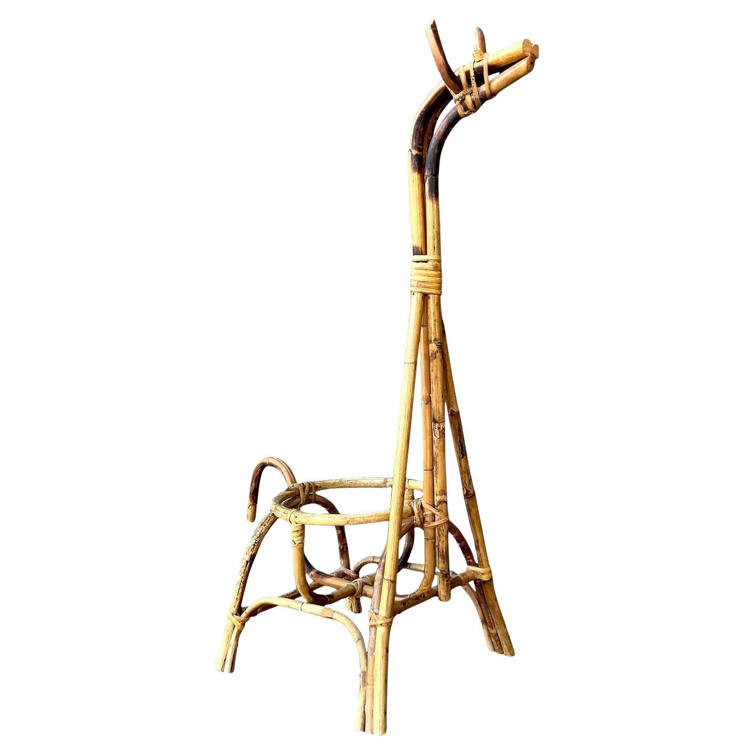 Vintage Boho Bent Rattan Giraffe Plant Holder