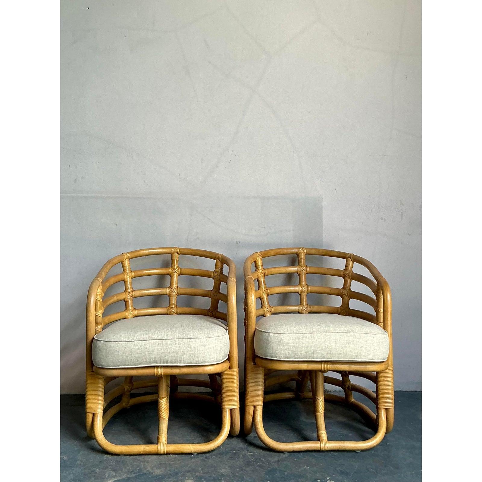 Mid-Century Modern Vintage Boho Bent Rattan Lounge Chairs - A Pair For Sale