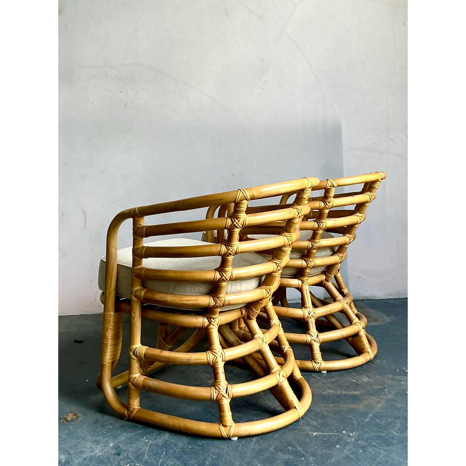 Philippine Vintage Boho Bent Rattan Lounge Chairs - A Pair For Sale