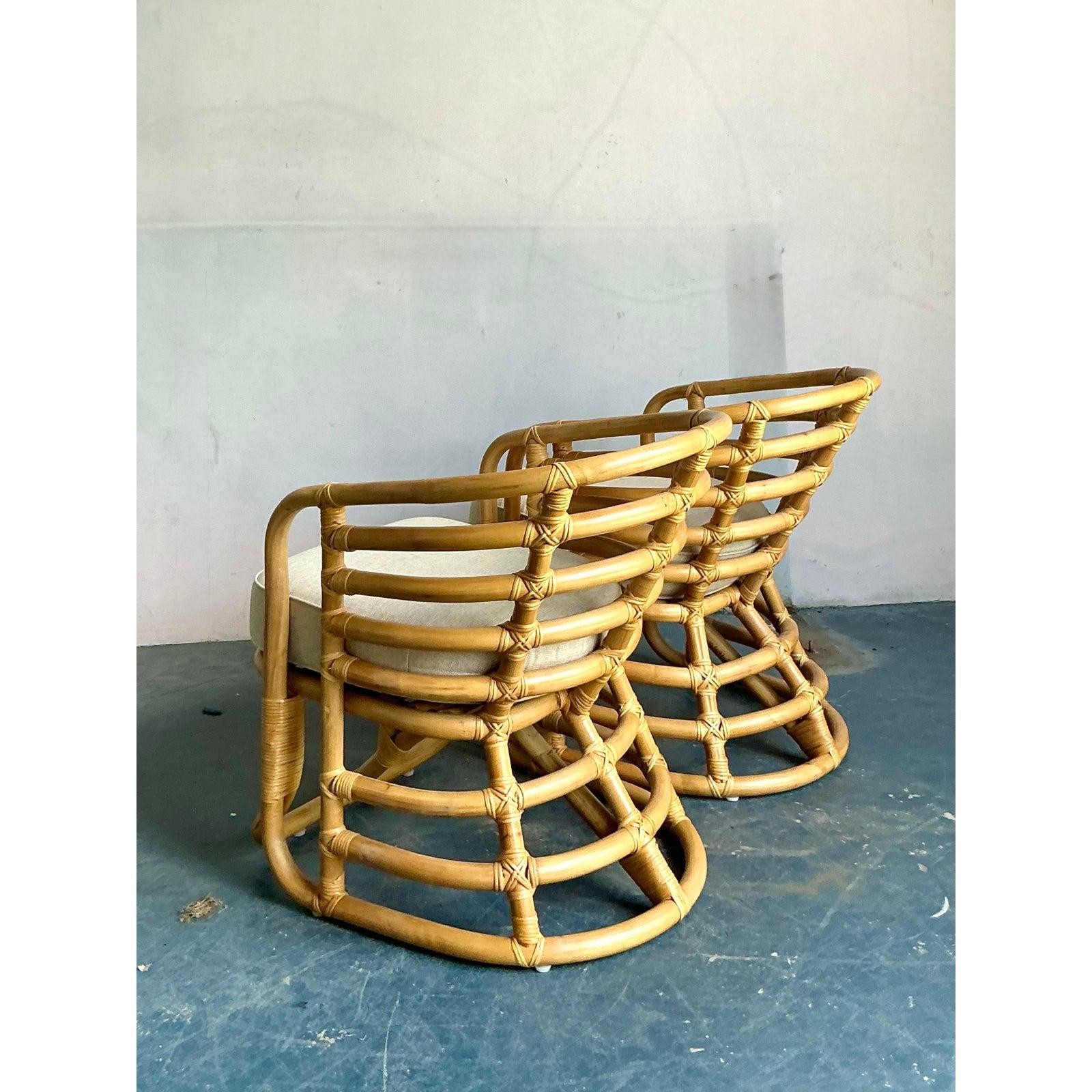 Contemporary Vintage Boho Bent Rattan Lounge Chairs - A Pair For Sale