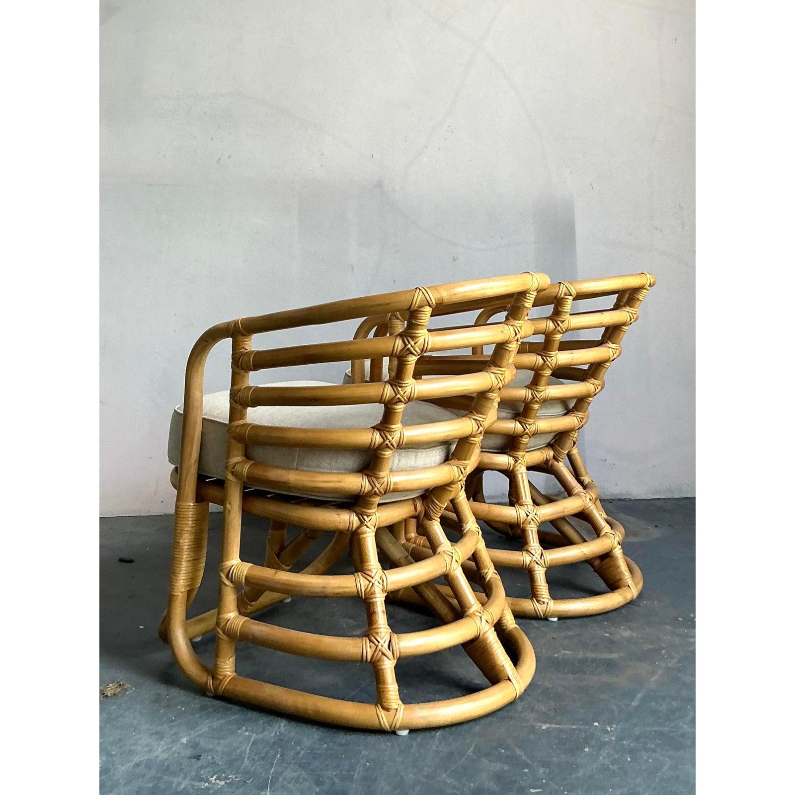 Fabric Vintage Boho Bent Rattan Lounge Chairs - A Pair For Sale