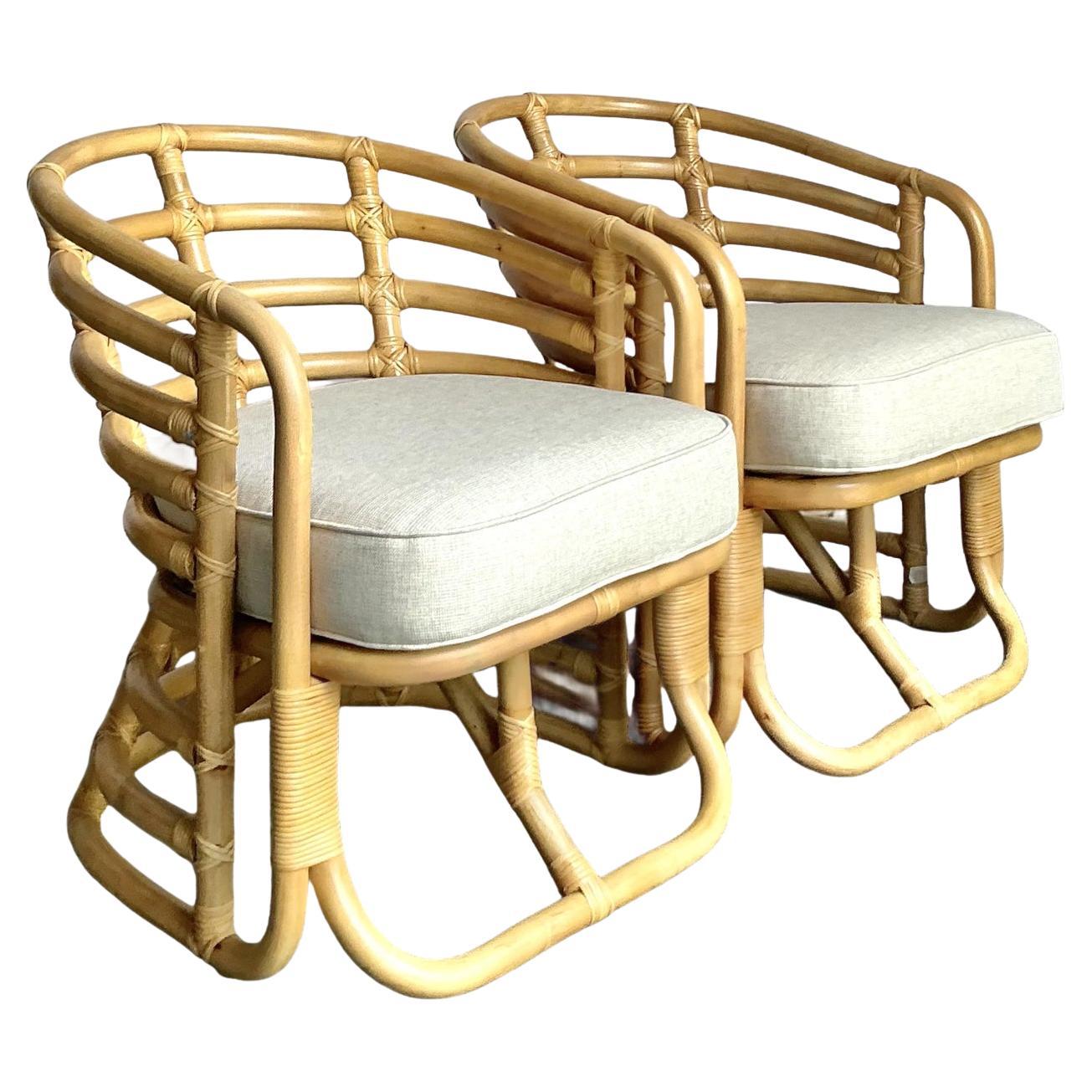 Vintage Boho Bent Rattan Lounge Chairs - A Pair