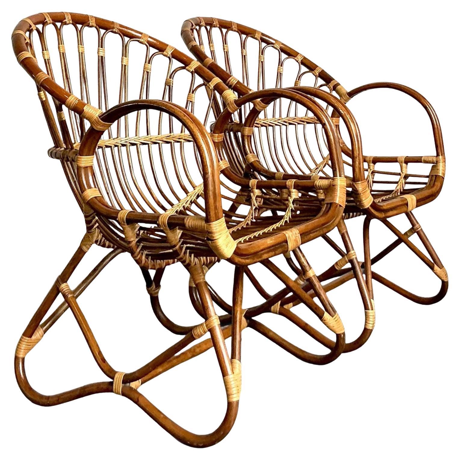 Paire de chaises longues vintage en rotin courbé Boho